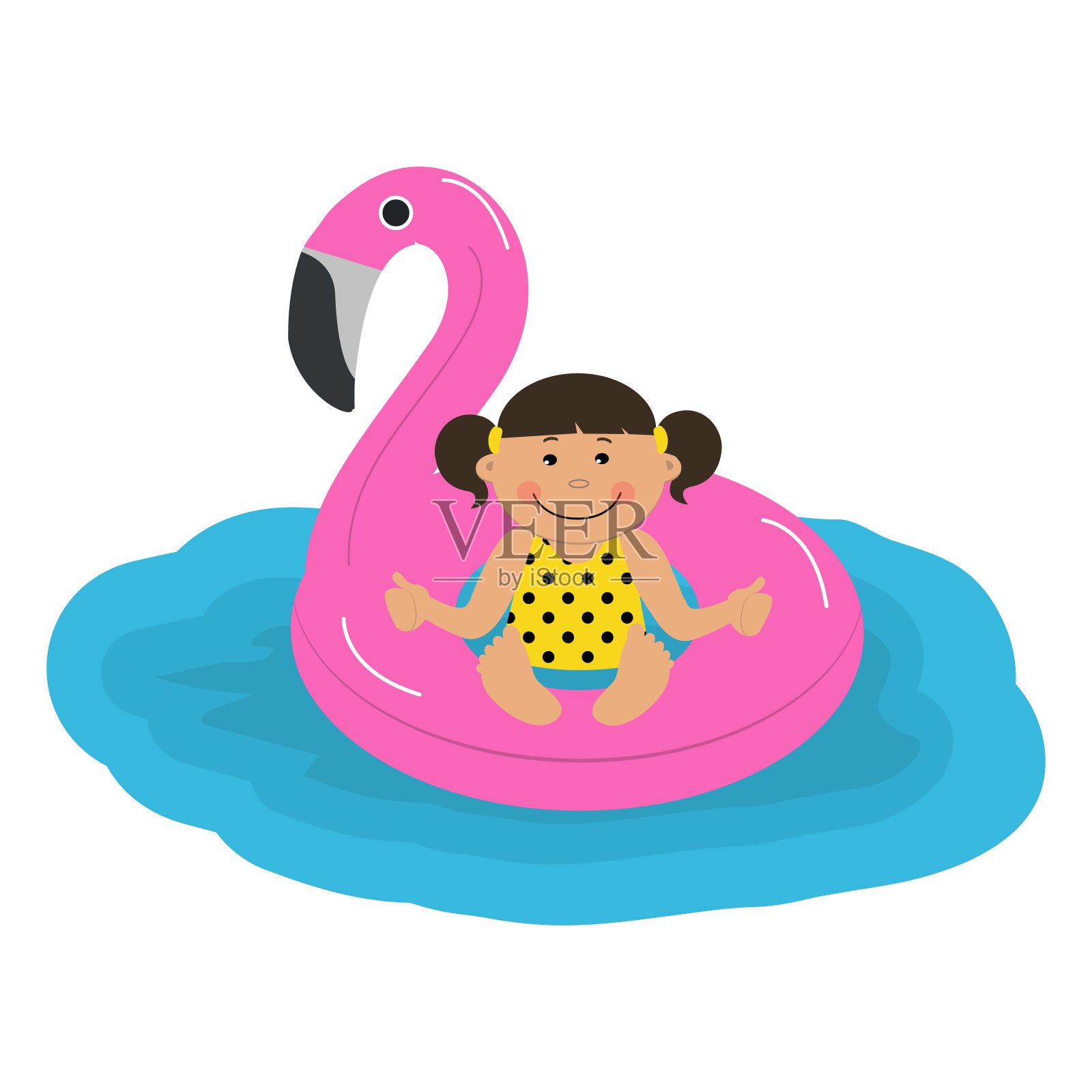 可爱的小女孩围成一个粉红色火烈鸟的充气圈插画图片素材