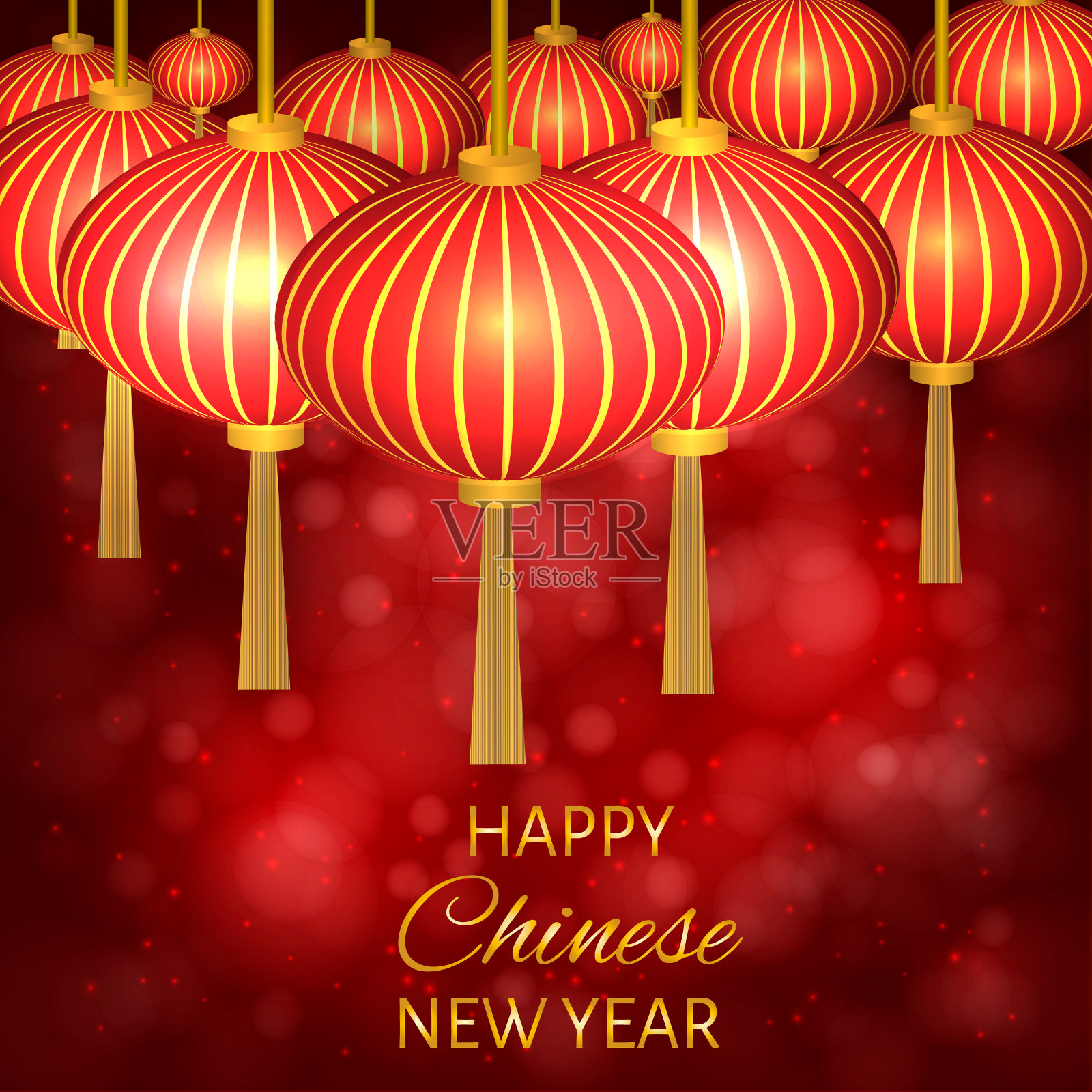 中国新年矢量插图与传统灯笼在深红色的散景背景。易于编辑您的项目设计模板。可用作贺卡、请柬等。插画图片素材