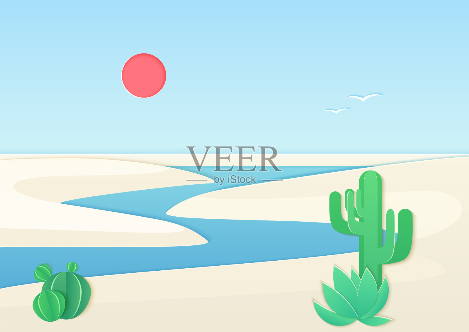 白沙沙漠景观与绿洲河流。矢量渐变颜色插图。插画图片素材