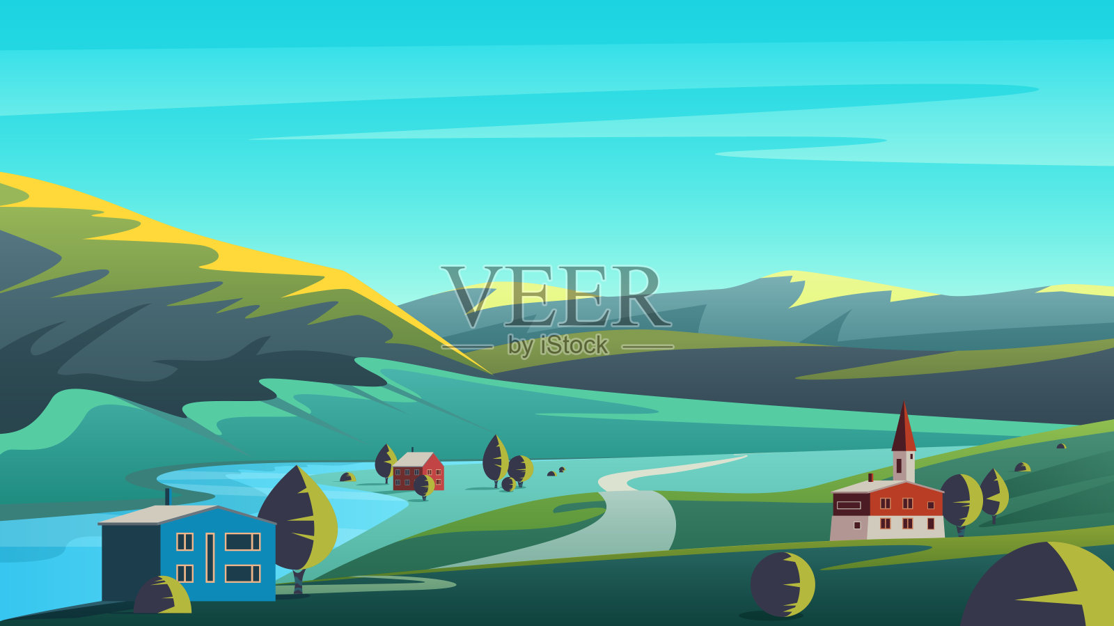 彩色矢量插图全景生态景观与小镇放置在遥远的山谷与蓝天的土地上。插画图片素材