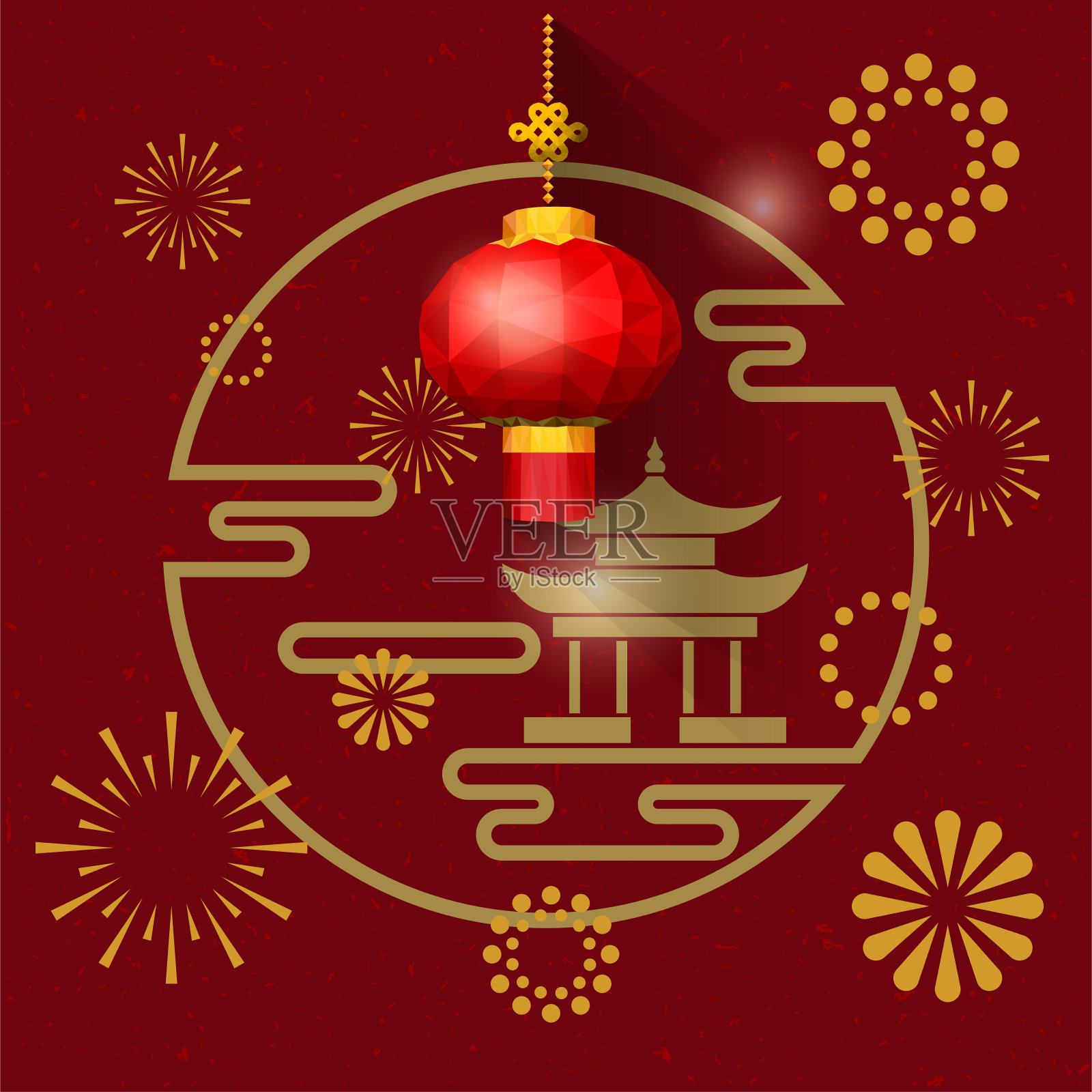 中国传统节日的红灯笼、烟花和亭子。插画图片素材