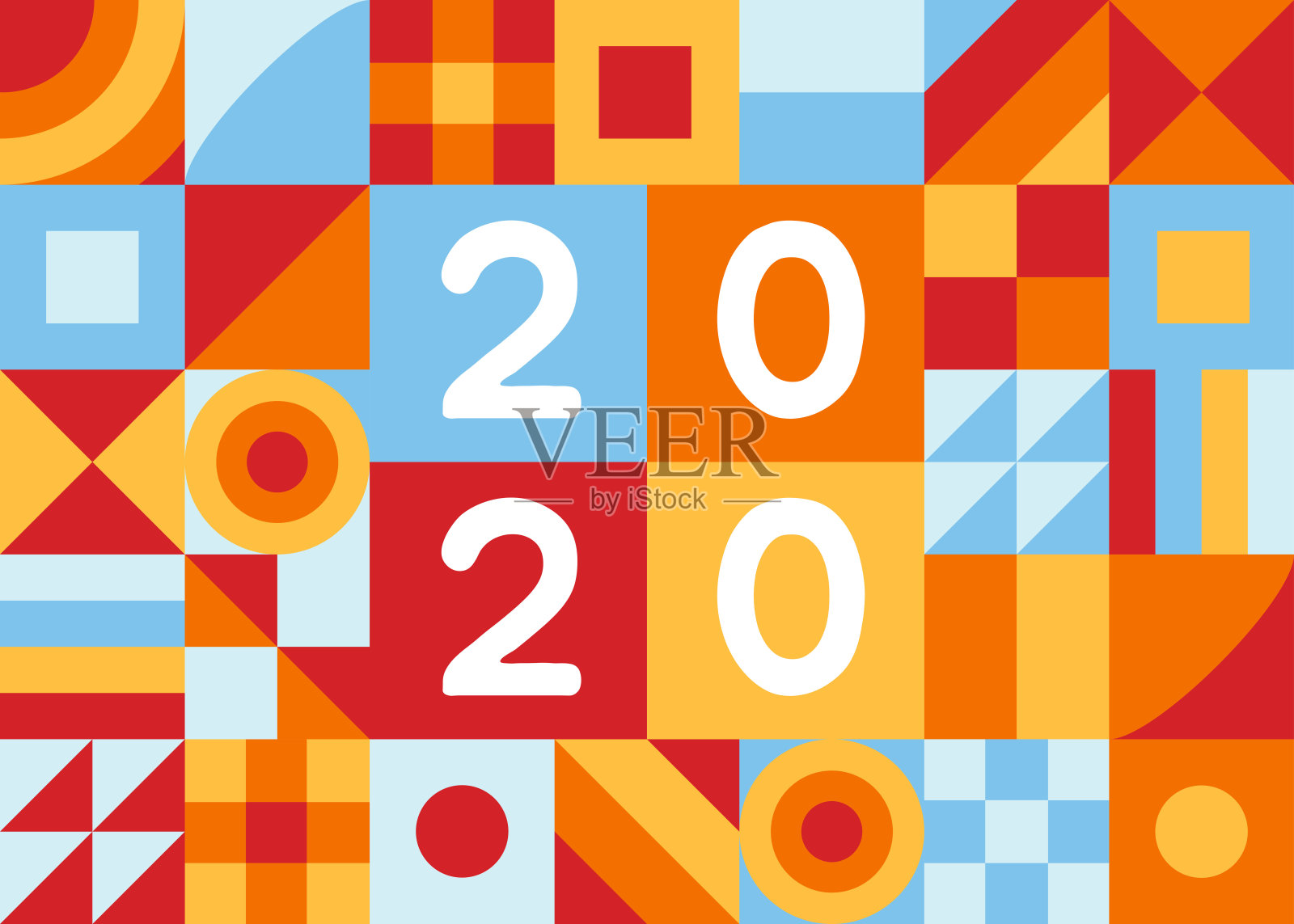 2020鼠年快乐贺卡平面风格设计矢量插图与几何色彩元素和数字。插画图片素材