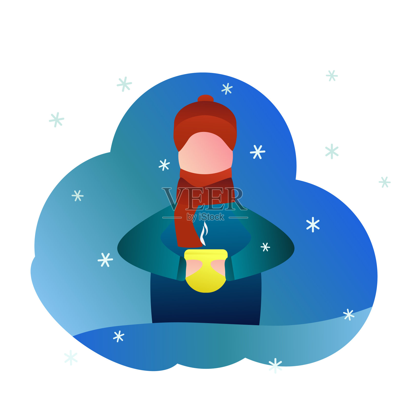 男孩穿着暖和的毛衣，围着围巾，戴着红帽子。插画图片素材