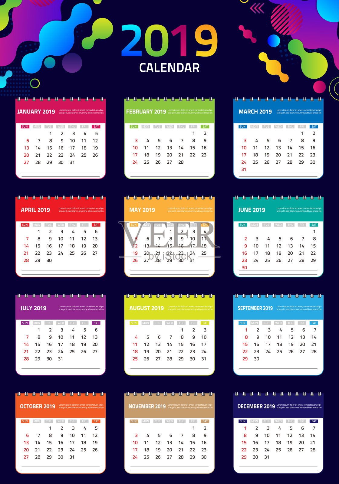 2019年日历。彩色设置，设置书桌和墙壁日历模板设计与空间的照片和公司标志。一周从周日开始。一套12个月。矢量图设计模板素材