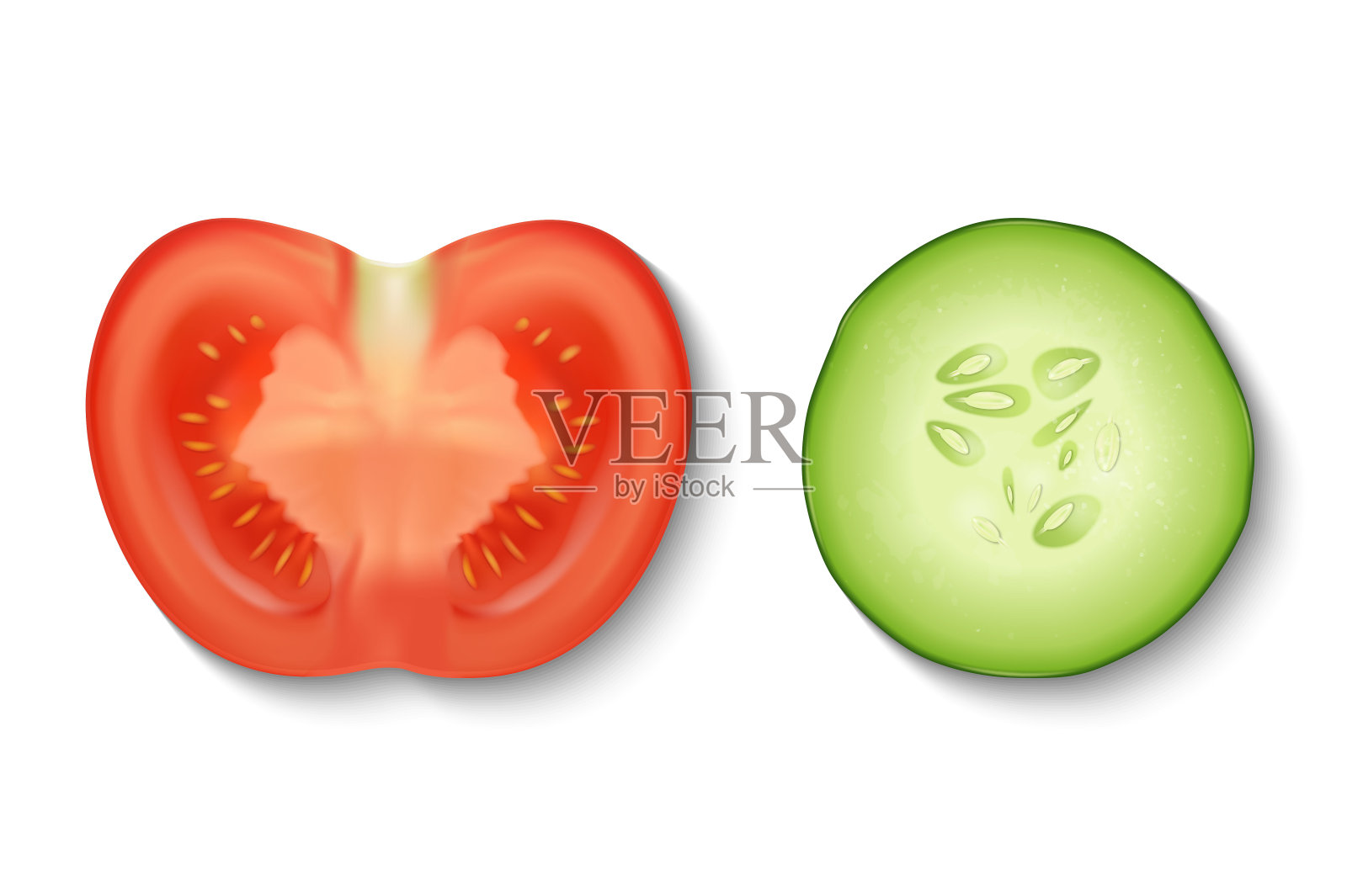 矢量3d现实切片多汁的黄瓜和番茄在一个切割图标设置特写孤立在白色的背景。半棵蔬菜。设计模板，图形的剪贴画。俯视图插画图片素材