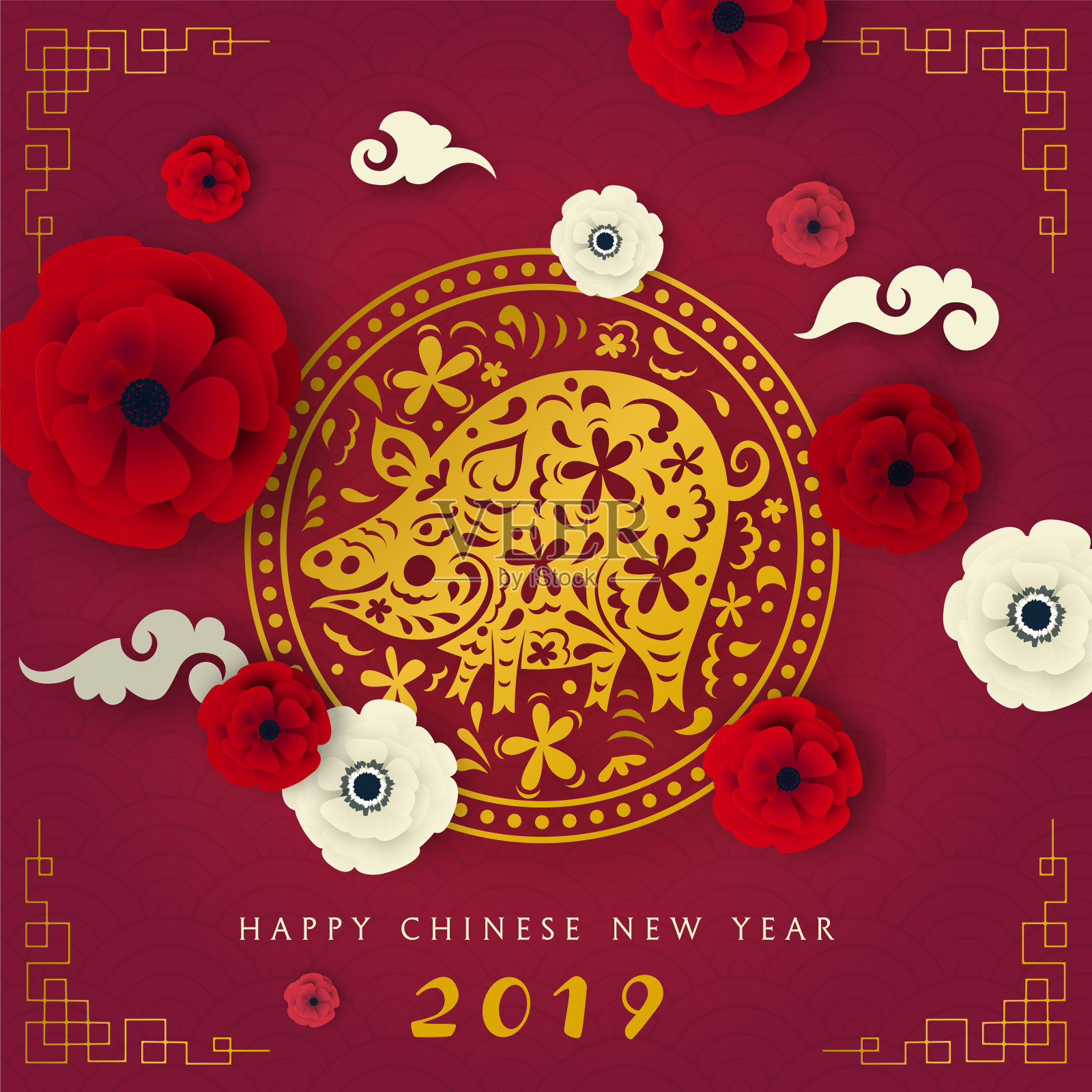 2019年新年快乐插图。中文日历矢量贺卡插画图片素材