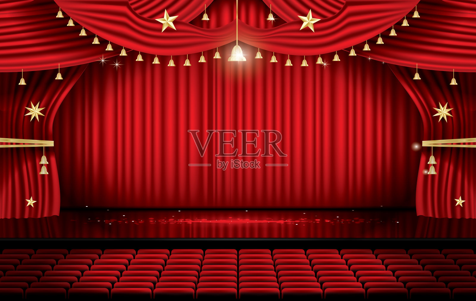 带有座位和拷贝空间的红色舞台幕布。戏剧，歌剧或电影场景。插画图片素材
