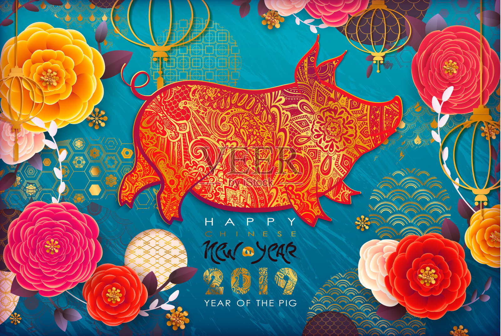 2019年中国新年。生肖猪。设计模板素材