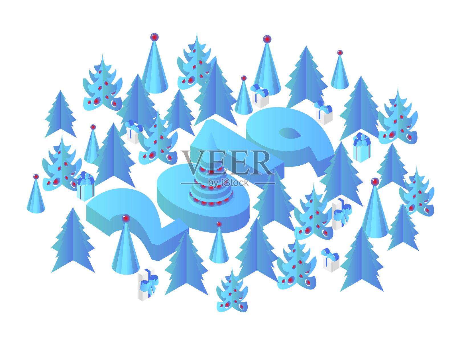 三维2019环境中的针叶林。装饰圣诞树。等距三维插画图片素材