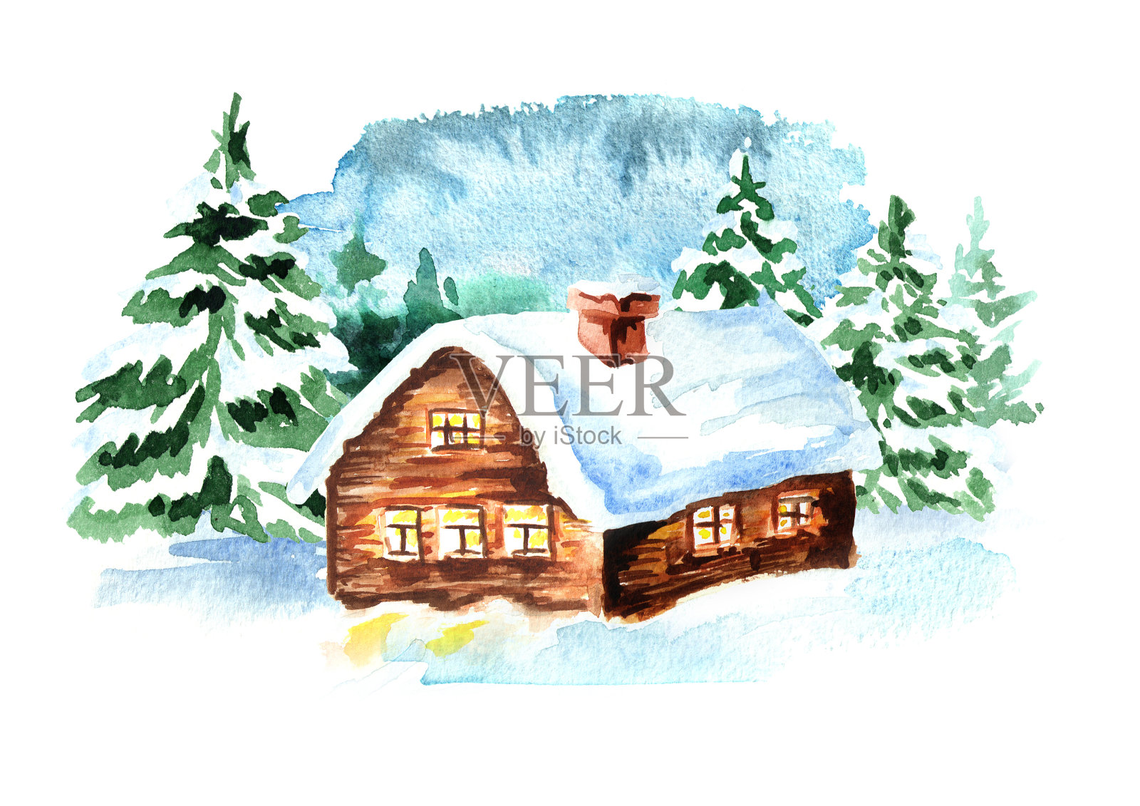 有房子和冷杉树的冬季景观。水彩手绘插图，孤立的白色背景设计元素图片