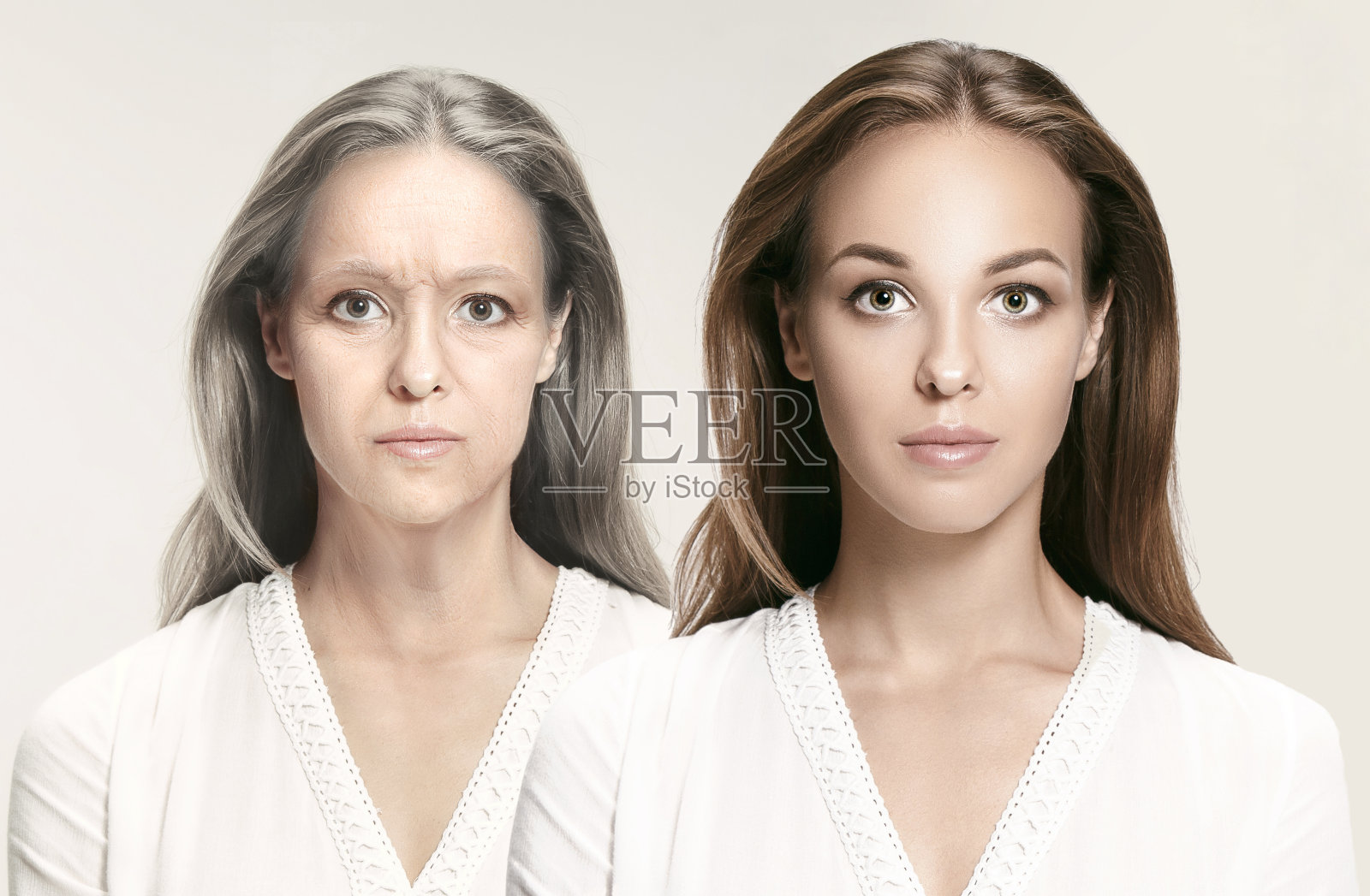 比较。肖像美丽女人的问题和清洁皮肤，衰老和年轻的概念，美容治疗照片摄影图片