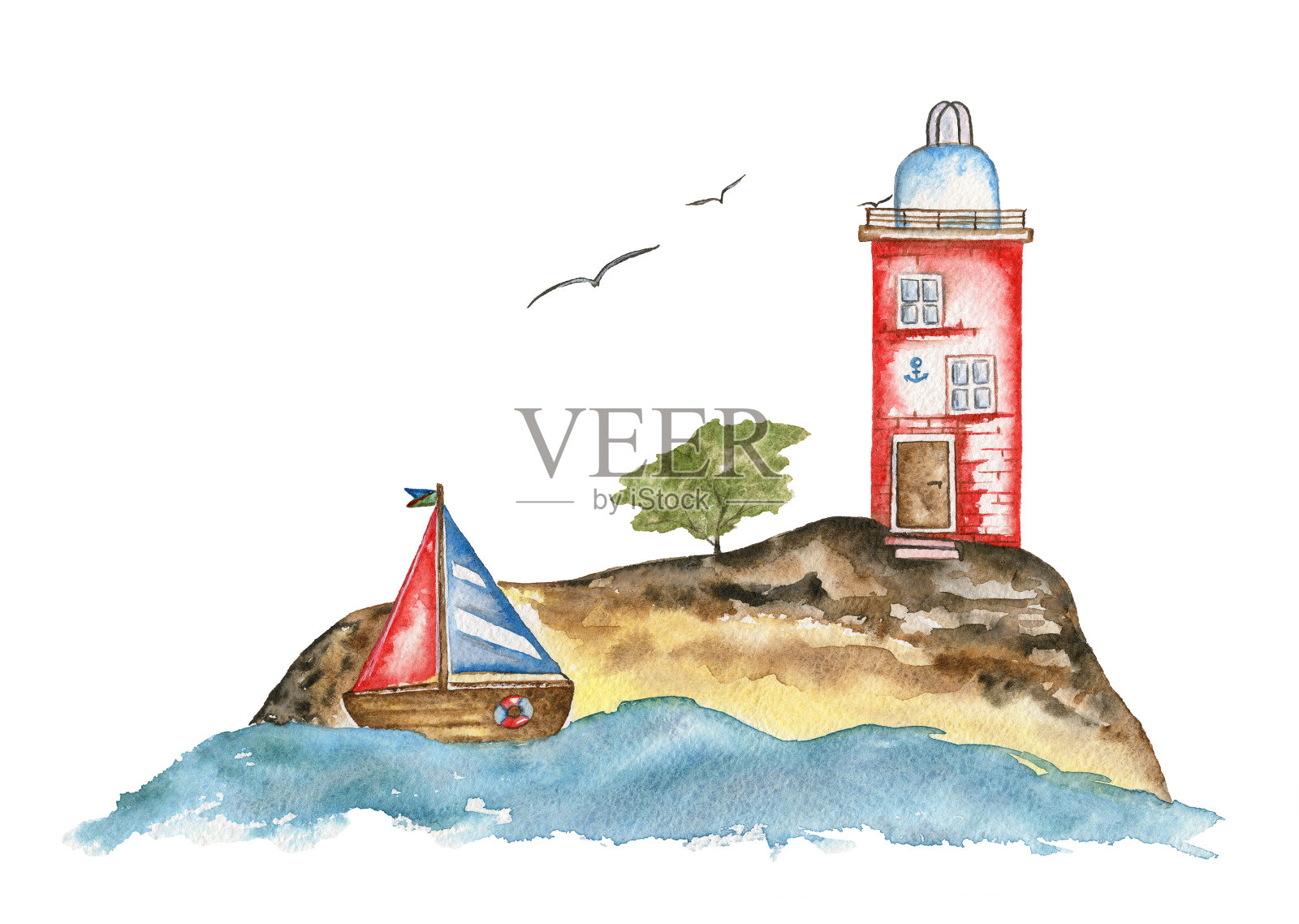 海上一座小岛上的红色灯塔和挂着五颜六色风帆的帆船。插画图片素材