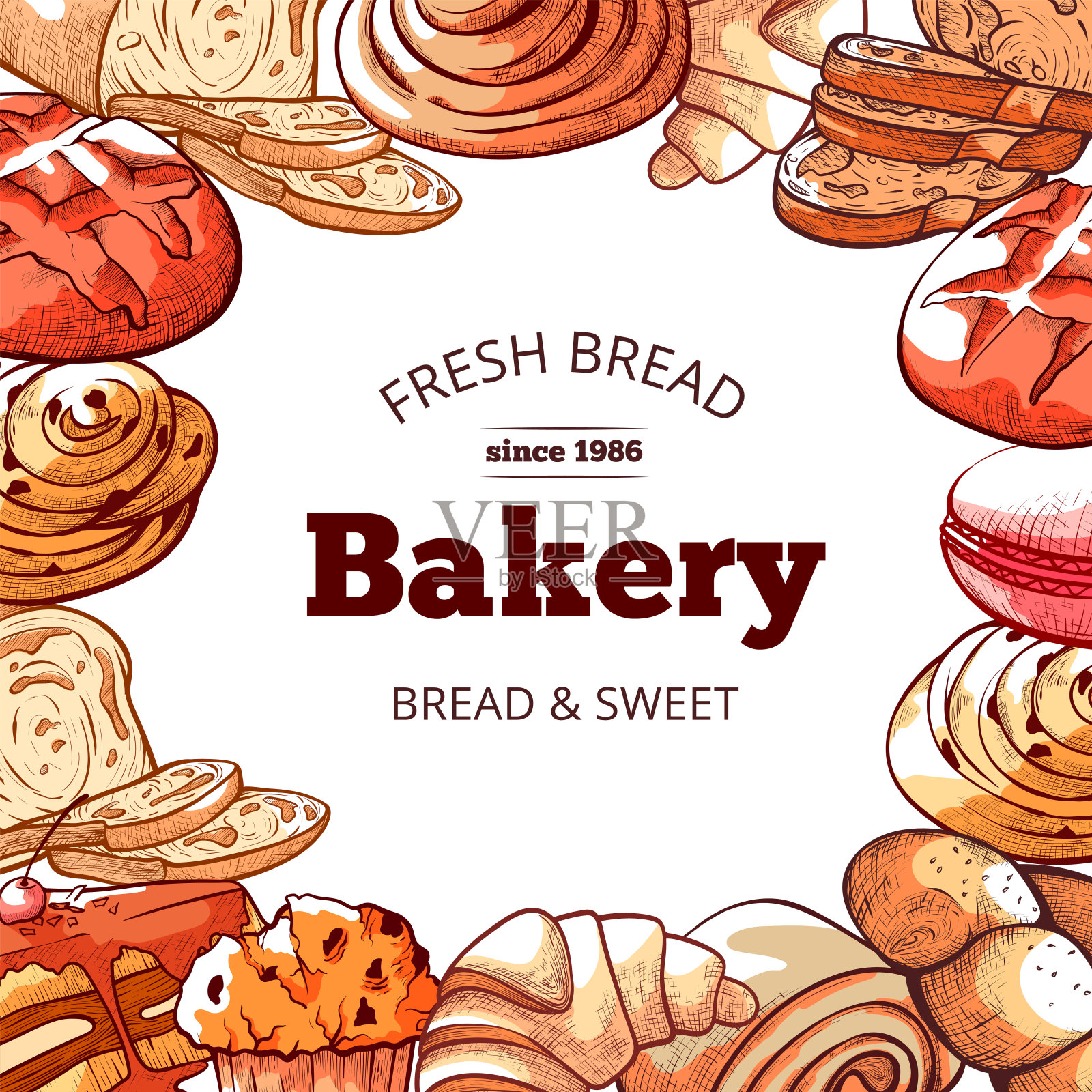 烘焙产品，新鲜美味的面包背景插画图片素材