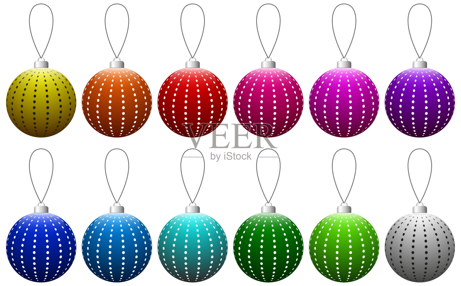 一套彩色玻璃圣诞球与点图案的字符串。设计元素图片