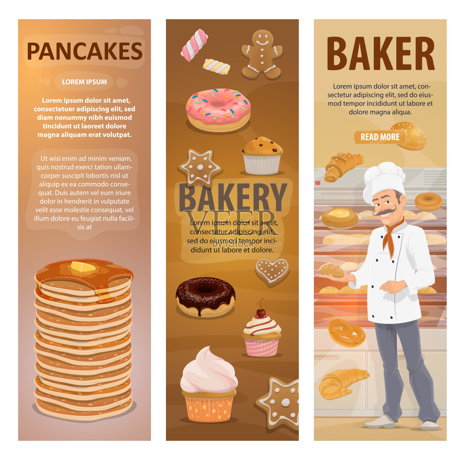 面包店的面包，甜点和面包师矢量横幅插画图片素材