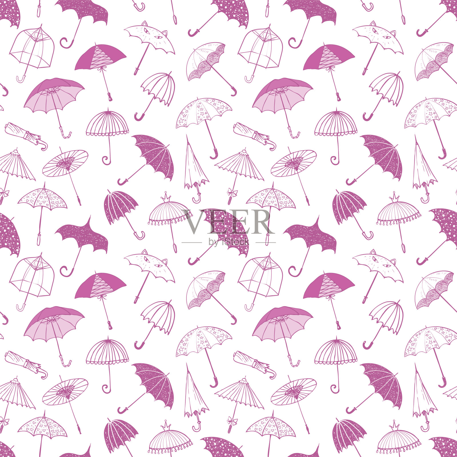 无缝背景与紫色伞。可用于壁纸、图案填充、纺织品、网页背景、表面纹理。插画图片素材