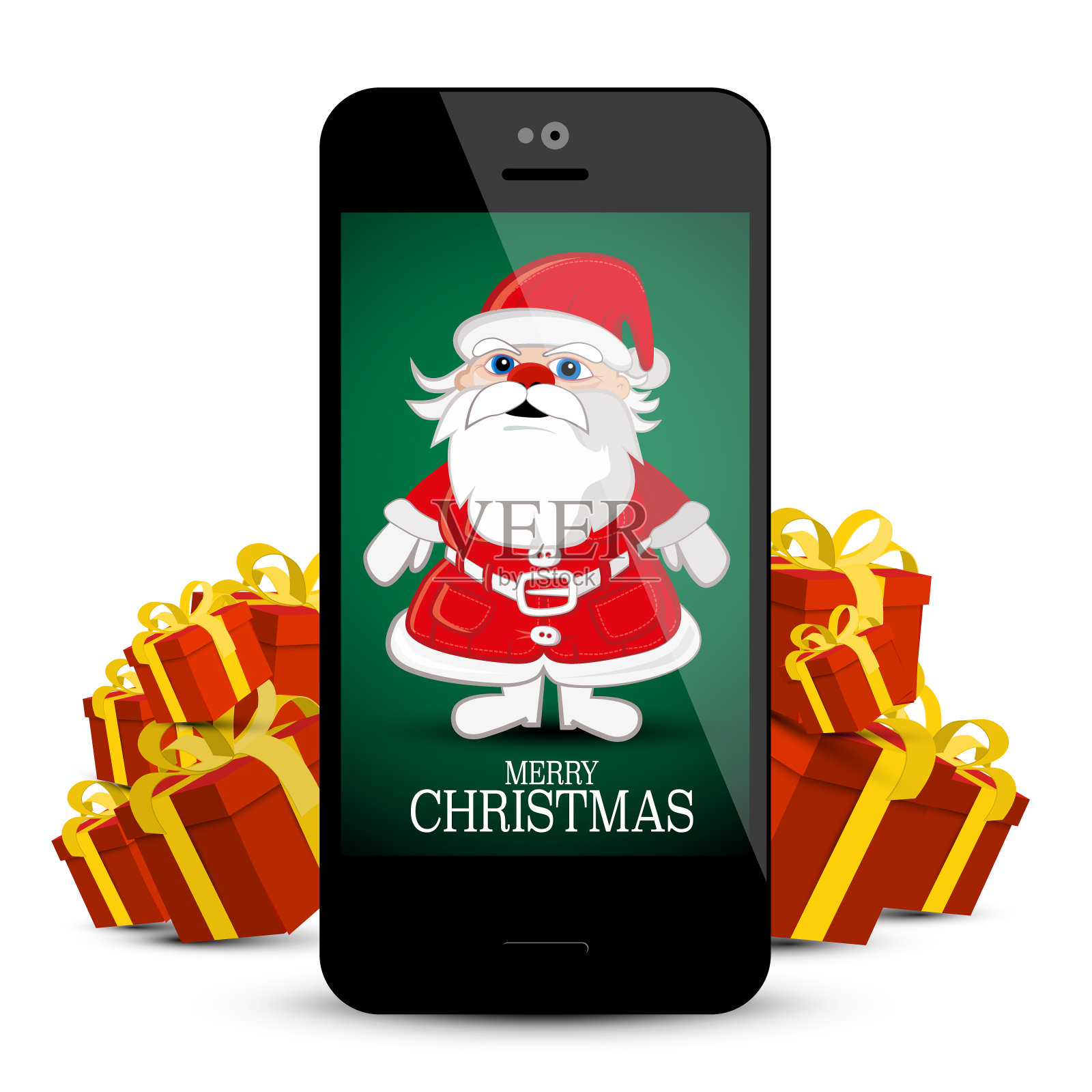 圣诞老人的手机与红色礼盒的背景插画图片素材