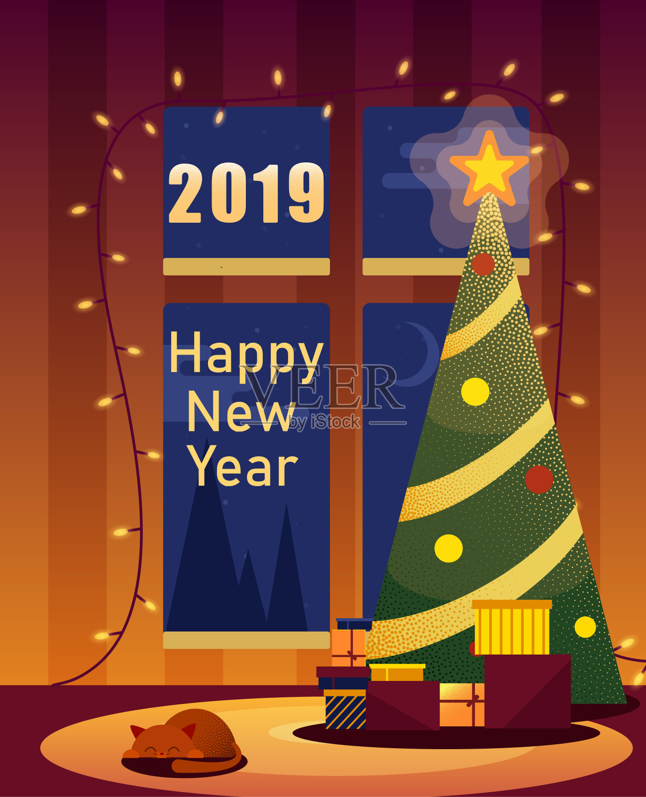 2019年新年贺卡与圣诞树和礼物。设计模板素材