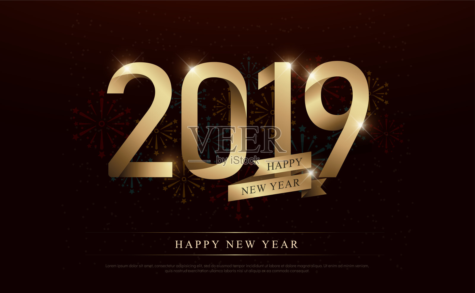 新年快乐2019年庆祝金色数字和金色丝带与烟花在黑暗的背景。矢量图设计模板素材