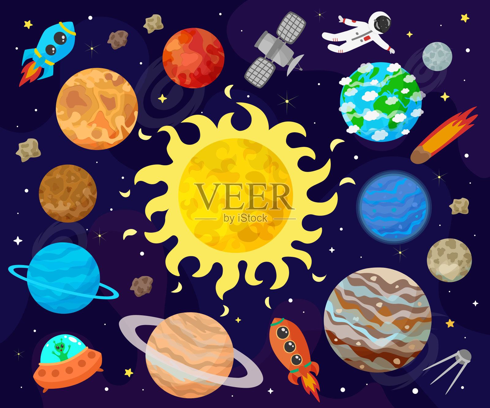 空间、宇宙的矢量图。卡通行星，小行星，彗星，火箭。插画图片素材