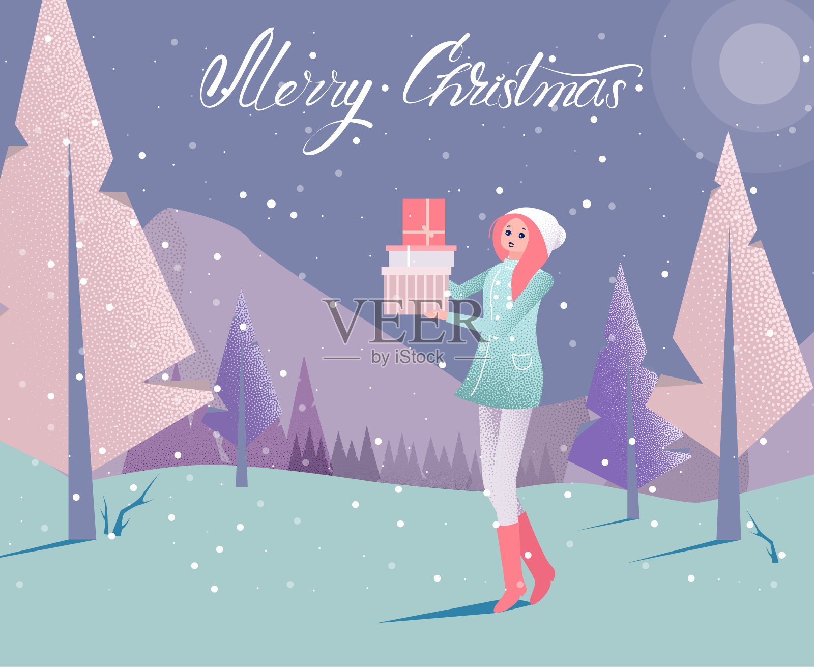 圣诞卡片与女孩与礼物走在户外的冬天森林。插画图片素材