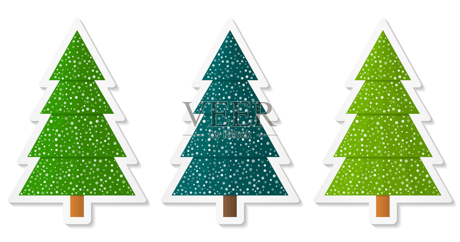 Set 3抽象几何针叶树贴纸与雪。三种深浅的绿色。设计元素图片