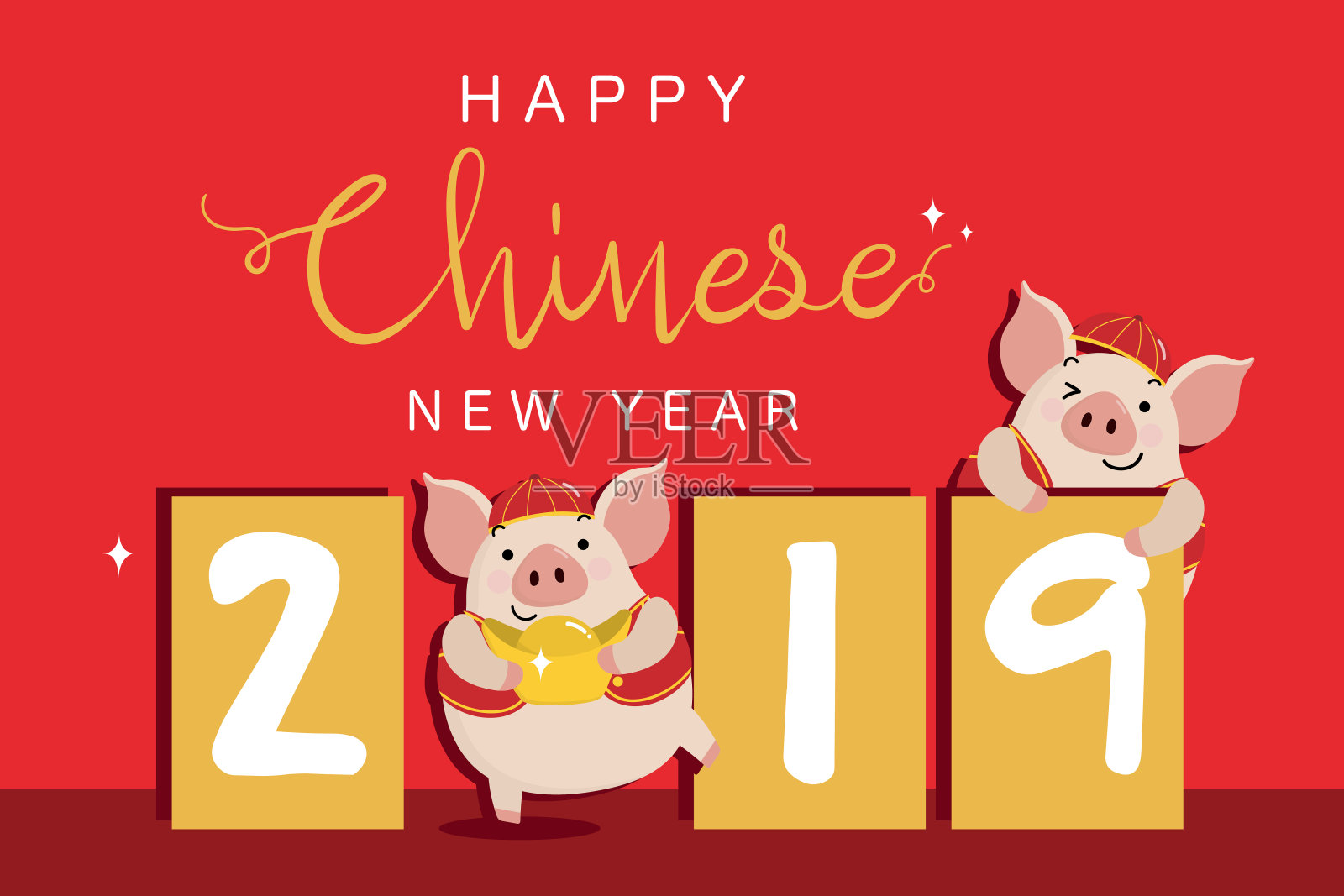 2019年春节贺卡，可爱的猪和钱。动物的卡通人物。书法手写。插画图片素材