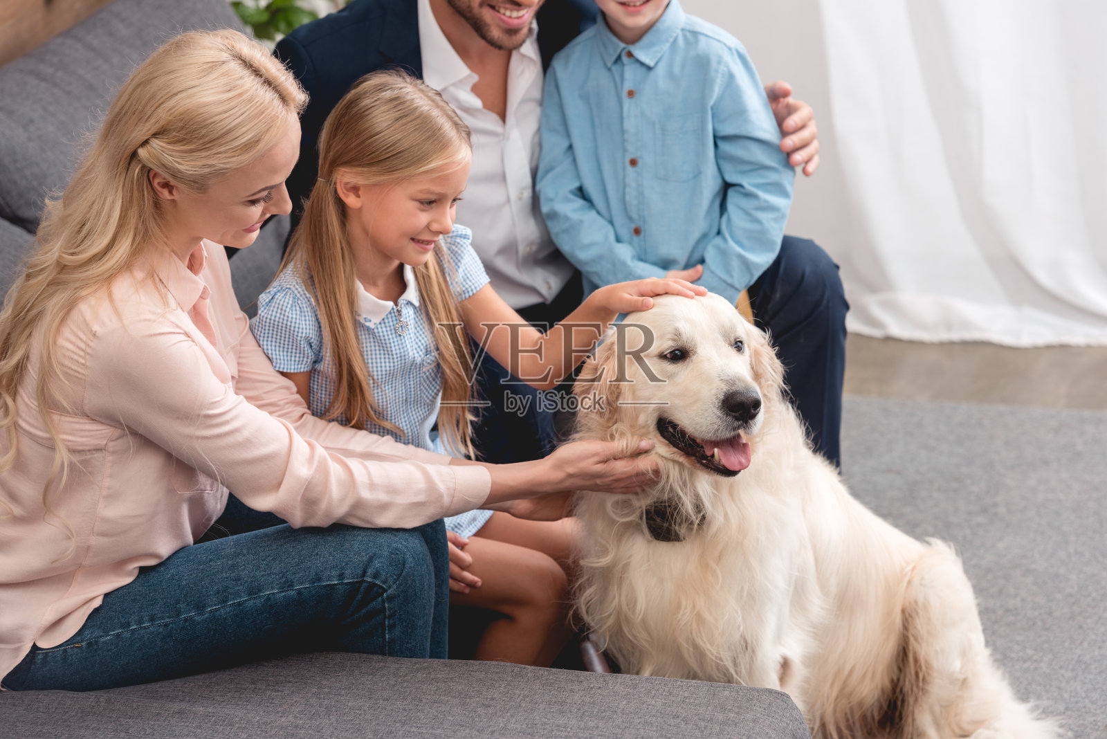 年轻的一家人坐在沙发上和狗狗玩耍的镜头照片摄影图片