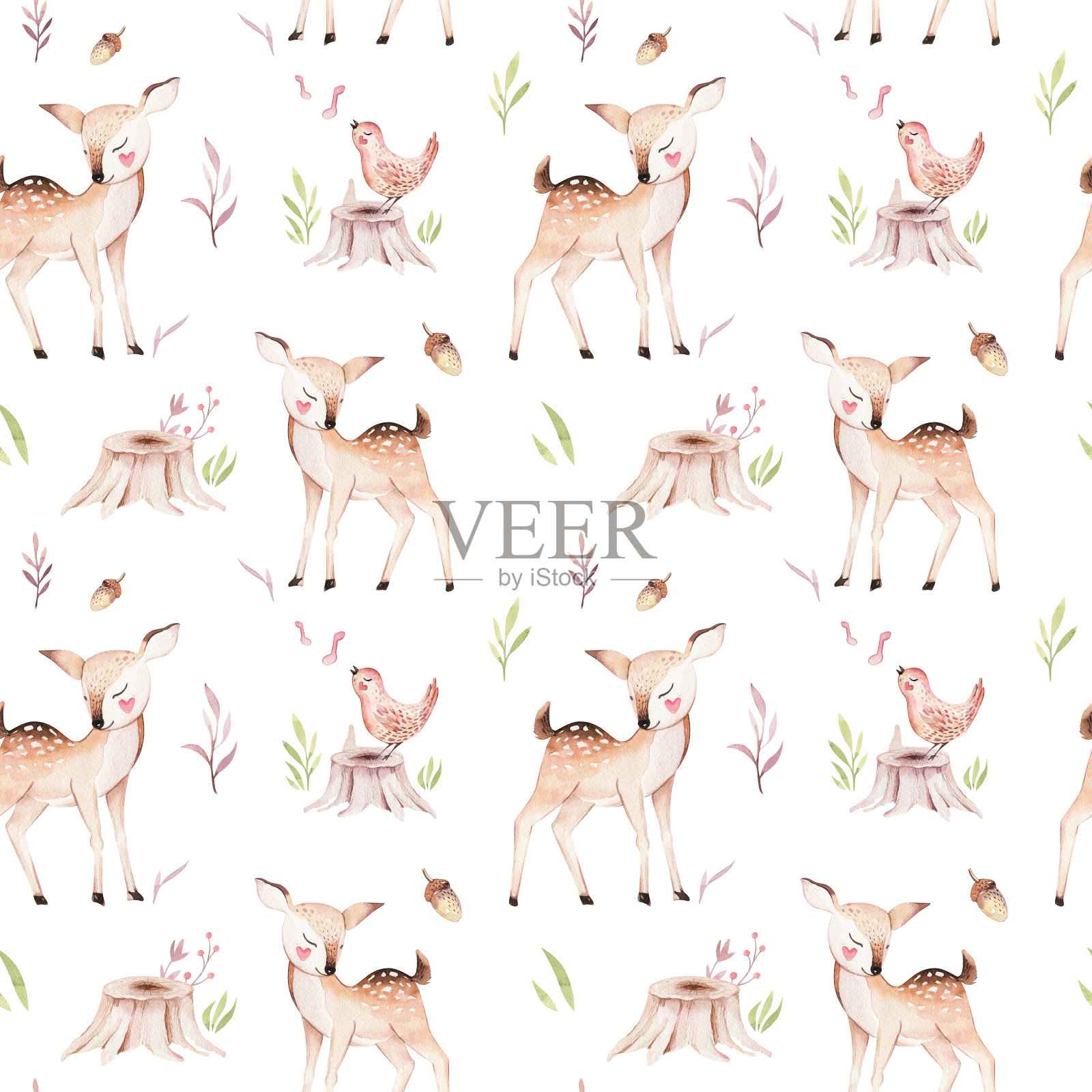 可爱的小狐狸、小鹿动物幼兔和小熊孤立插图图案。水彩画波西森林画，水彩画，刺猬形象，适合苗圃海报，图案插画图片素材