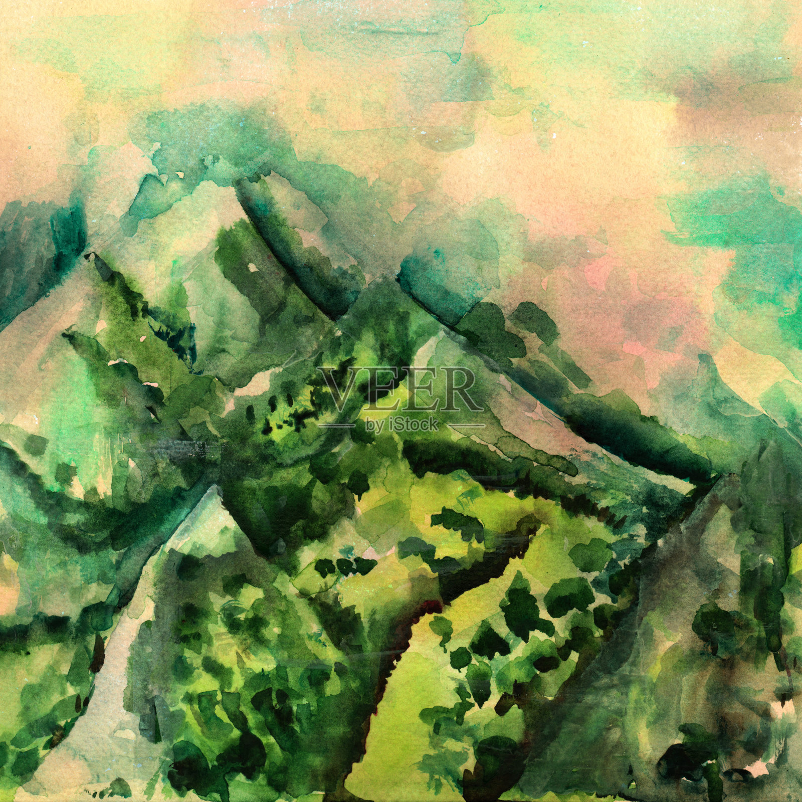 这是一幅深褐色的，复古风格的水彩山水画，描绘的是在迷雾笼罩的山脉上看到充满活力的绿色森林插画图片素材