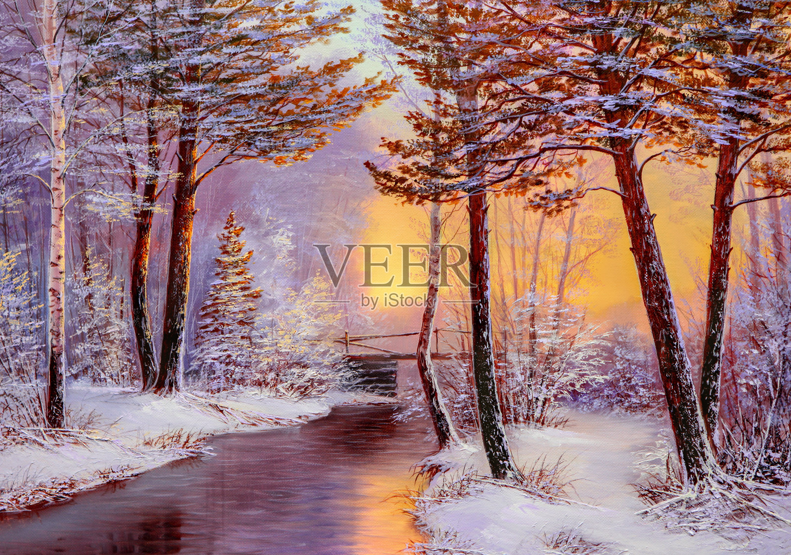 白色的桥横跨河面，冬天的风景插画图片素材