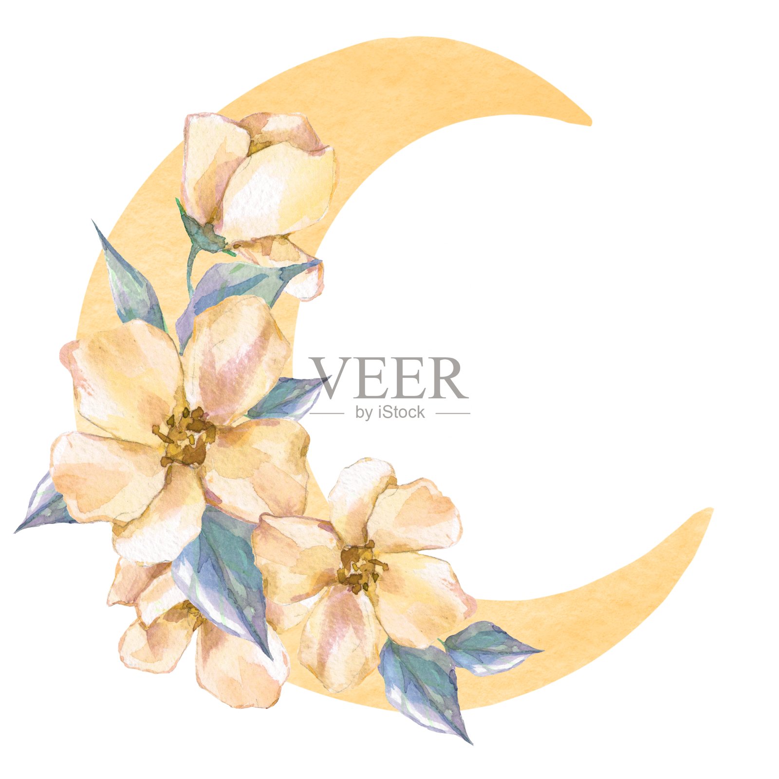 水彩月亮与黄色的花插画图片素材