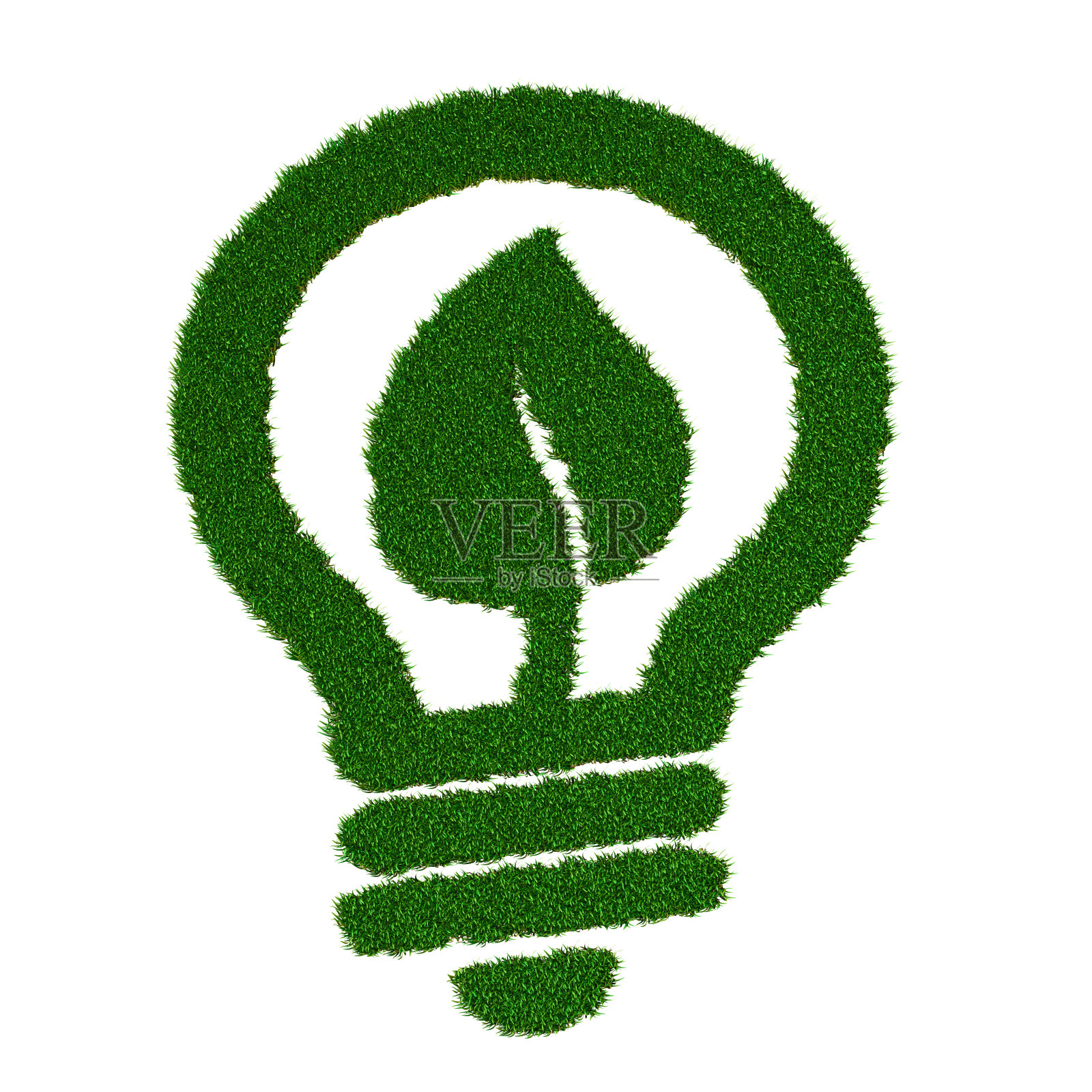 生态灯泡符号用一片叶子由草孤立而成的白色照片摄影图片