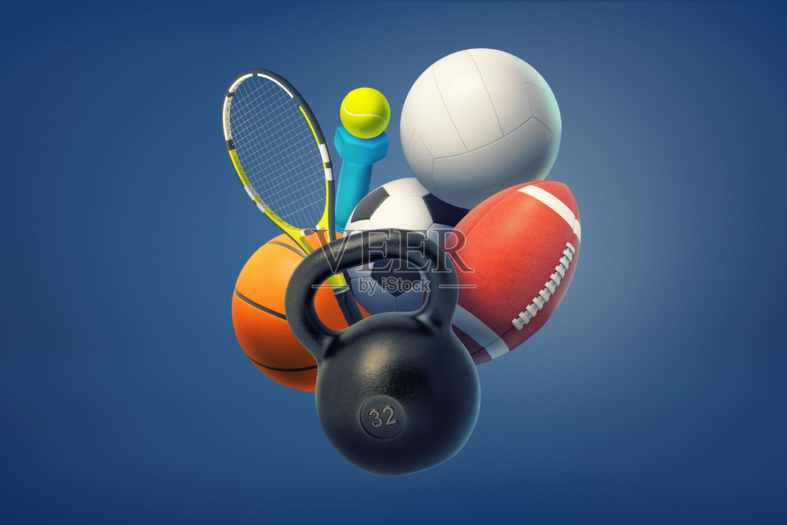 壶铃的3d渲染，一个哑铃，美式足球，网球，篮球，排球和足球在蓝色的背景。照片摄影图片