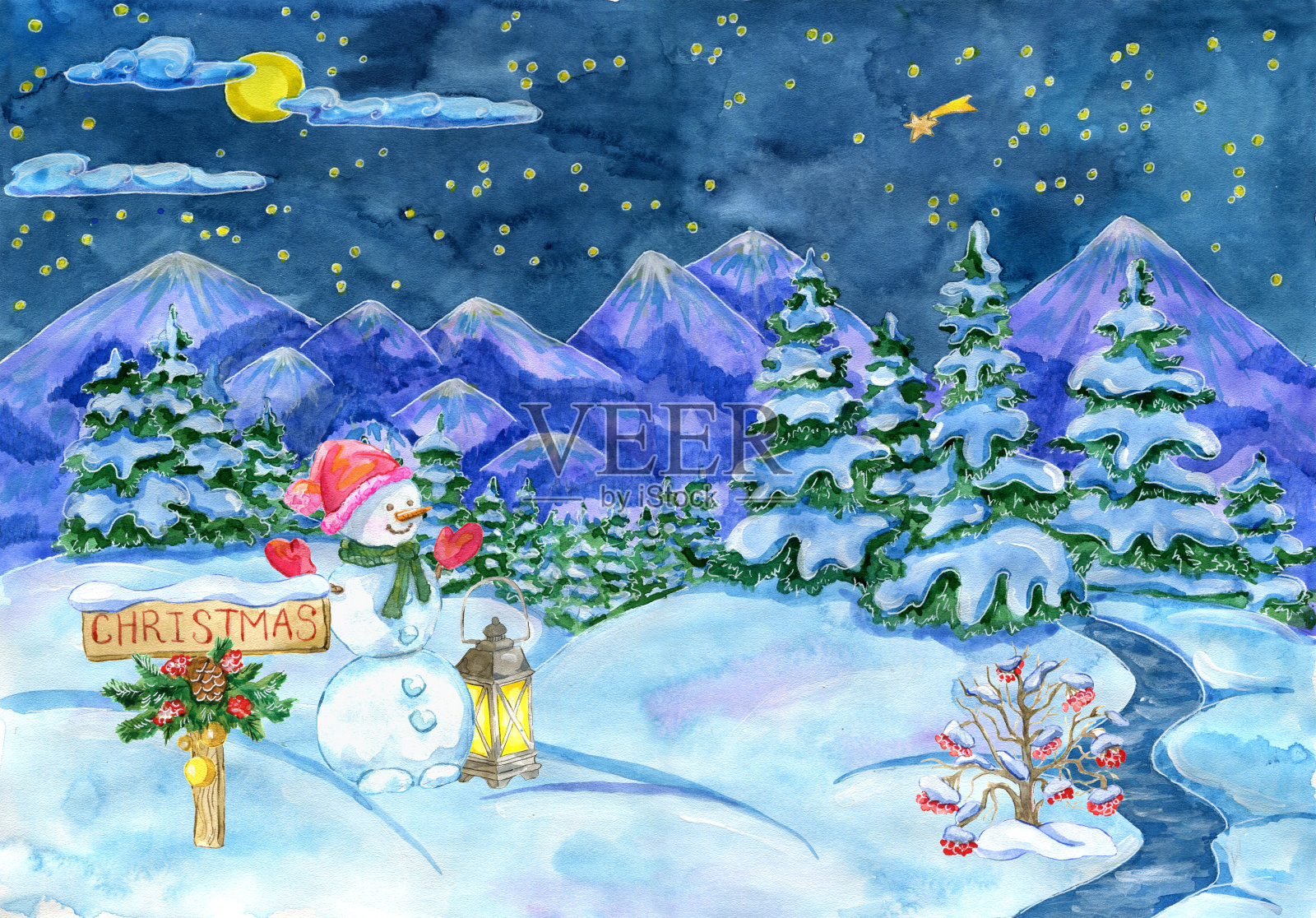 圣诞和新年贺卡与雪人的冬季景观和冷杉林。设计模板素材