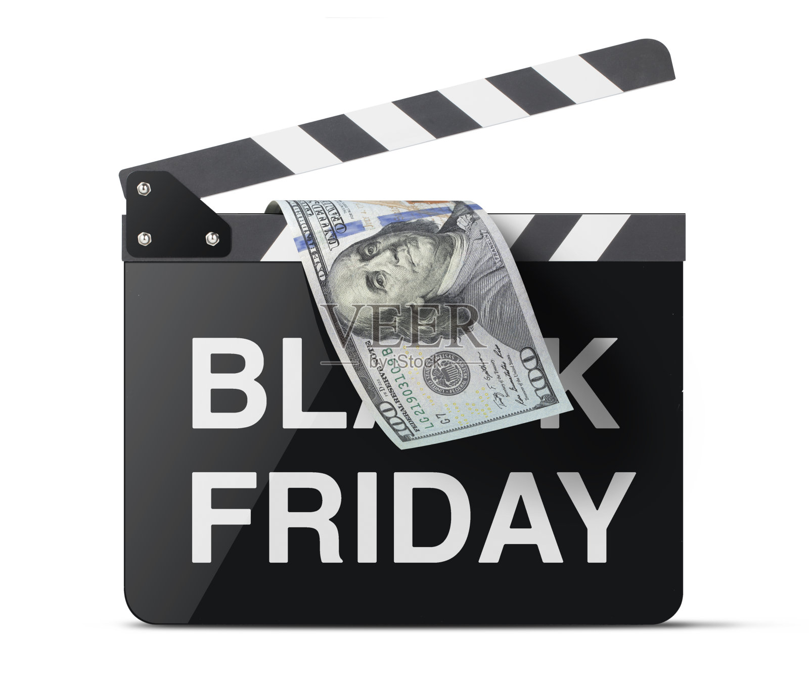 黑色星期五在电影拍板上印着美元钞票照片摄影图片