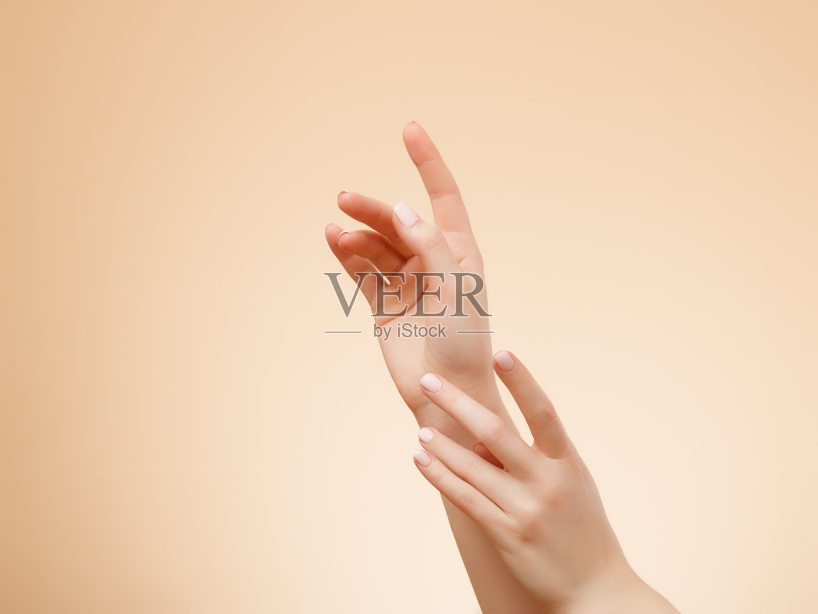 近距离的图像美丽的女人的手与浅粉红色的指甲。手部皮肤护理，修甲美容。优雅优雅的手，纤细优雅的手指照片摄影图片