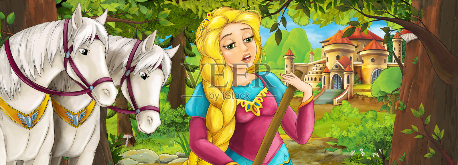 卡通自然场景与美丽的城堡附近的森林，美丽的年轻公主和马插画图片素材