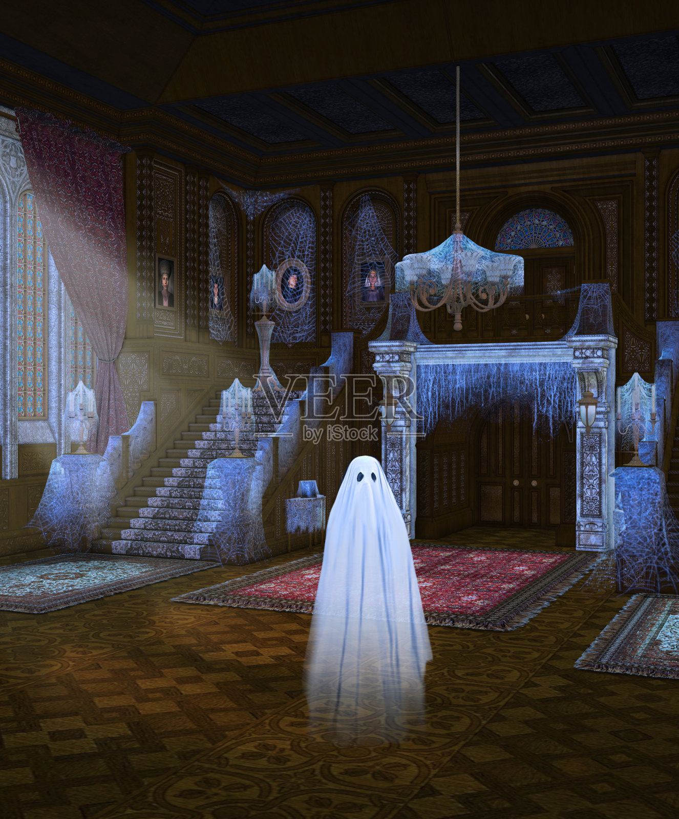 闹鬼的万圣节大厦入口与幽灵在晚上照片摄影图片