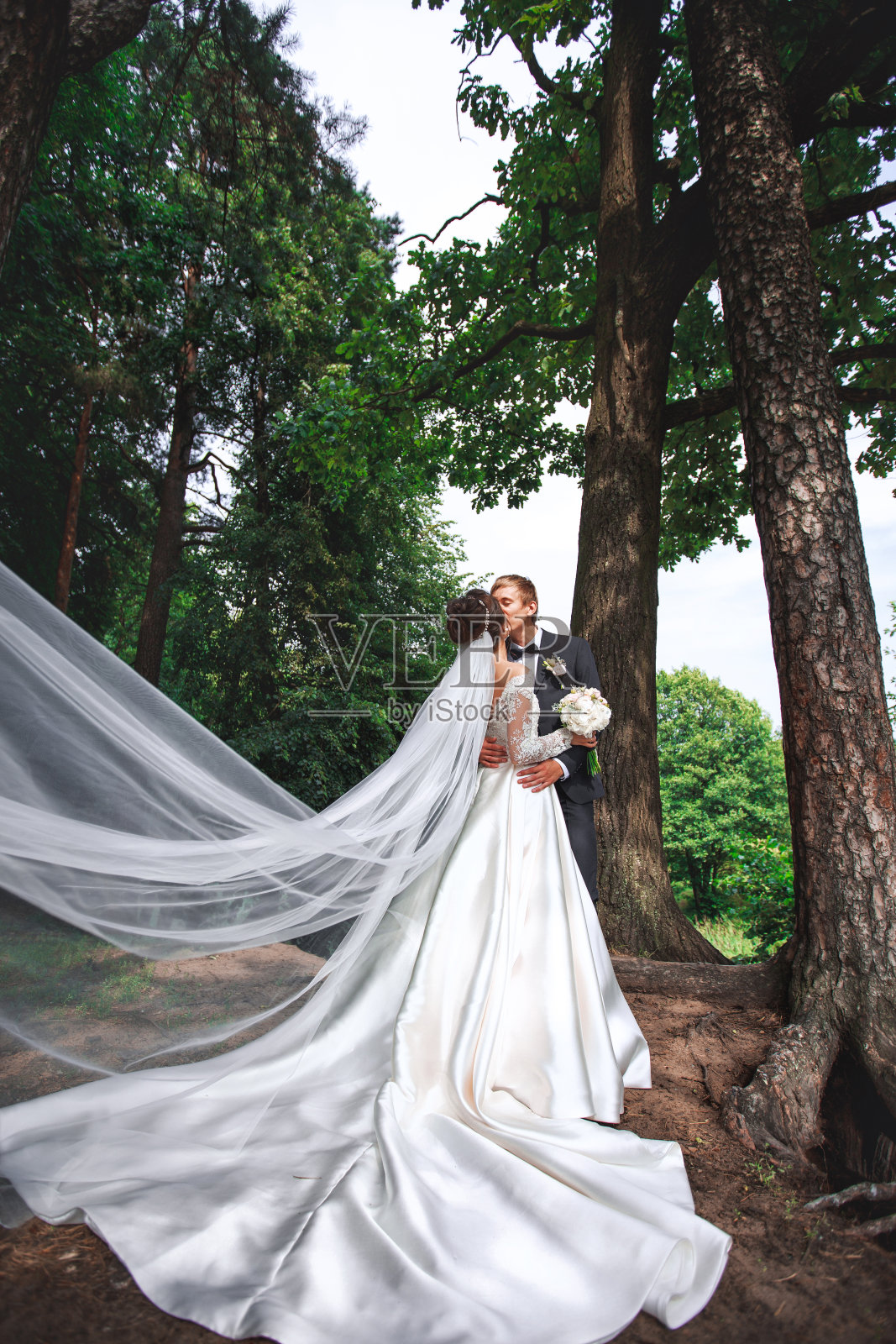 在婚礼那天，一对相爱的可爱的夫妇在亲吻对方，他们甚至站在公园里照片摄影图片
