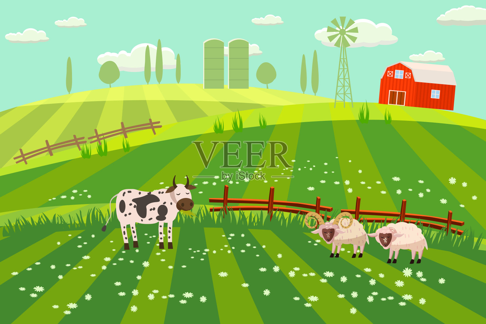 农村乡村景观，农舍，春天，夏天，绿色的草地，田野，野花，奶牛，公牛，绵羊，山羊，小山，树木在地平线上，栅栏，矢量，插图，孤立，卡通风格插画图片素材