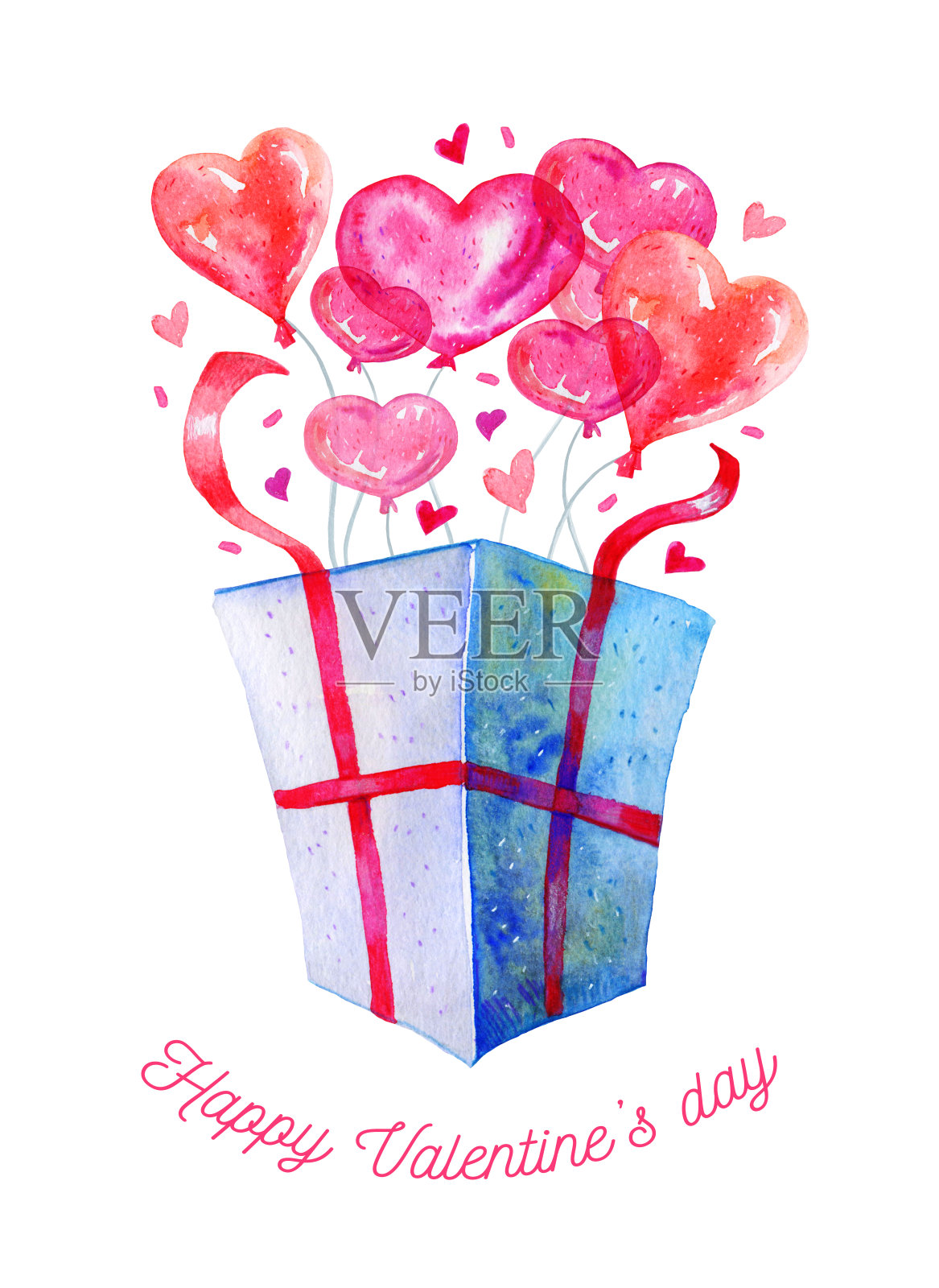 打开带有心形气球的礼盒，心形会飞出来。标题“情人节快乐”。为情人节手绘水彩插图插画图片素材