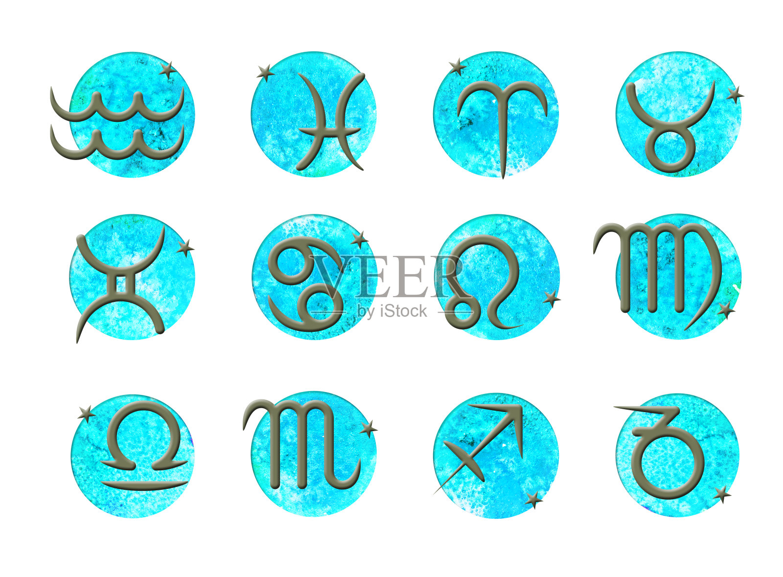 一套简单的笔画十二宫符号在水彩圈背景。设计元素图片