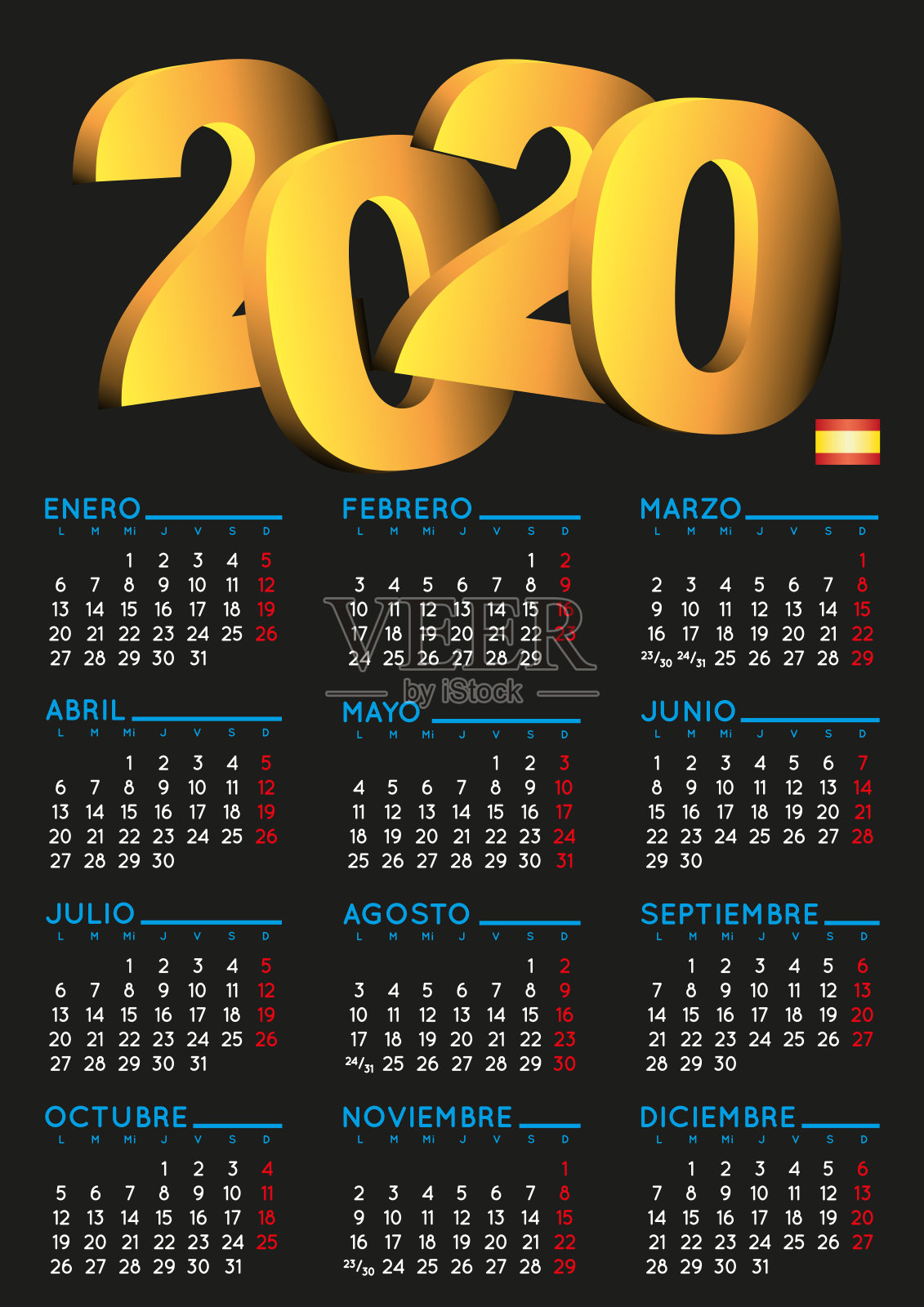 西班牙2020年日历设计模板素材