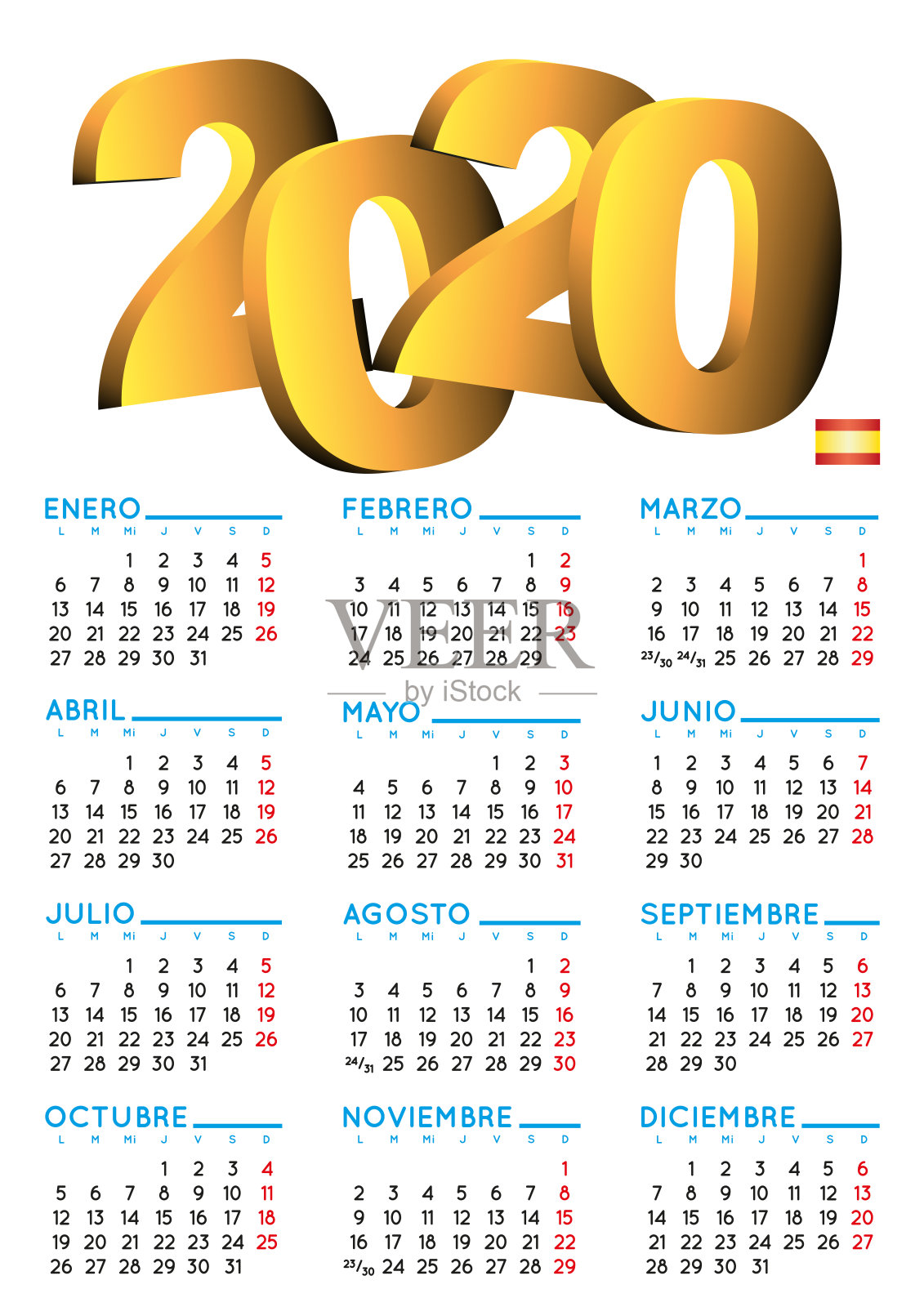 西班牙日历2020垂直白色背景设计模板素材