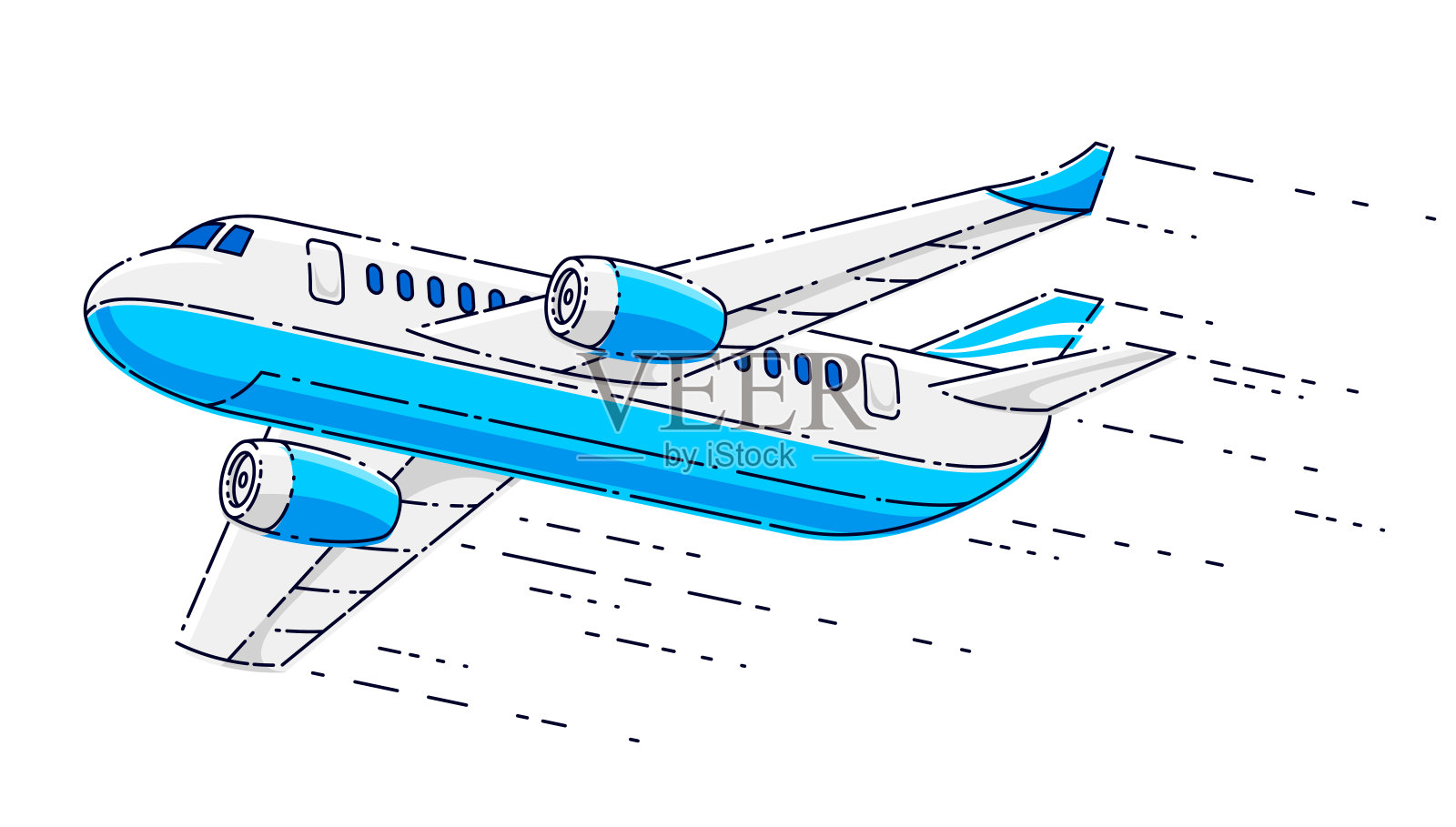 飞行飞机客机隔离在白色的背景，美丽的细线3d矢量插图。插画图片素材