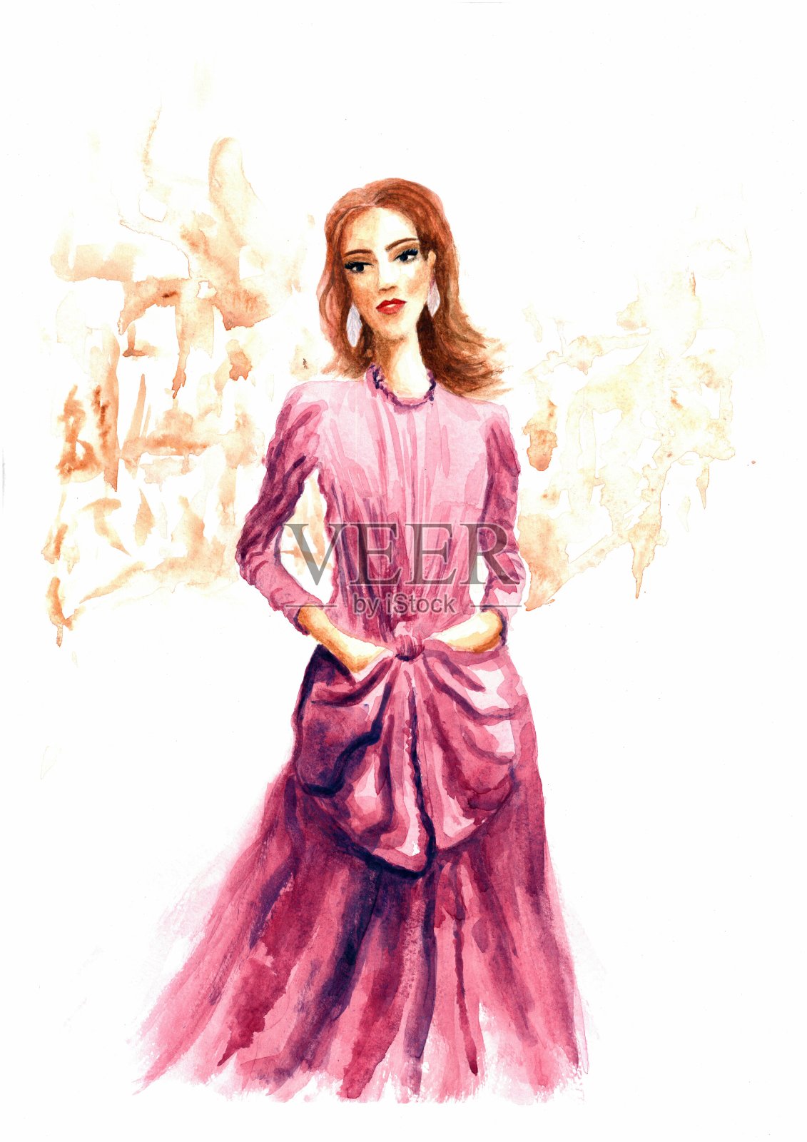 温柔的水彩时装插图在粉红色色调的女孩在旧式服装插画图片素材