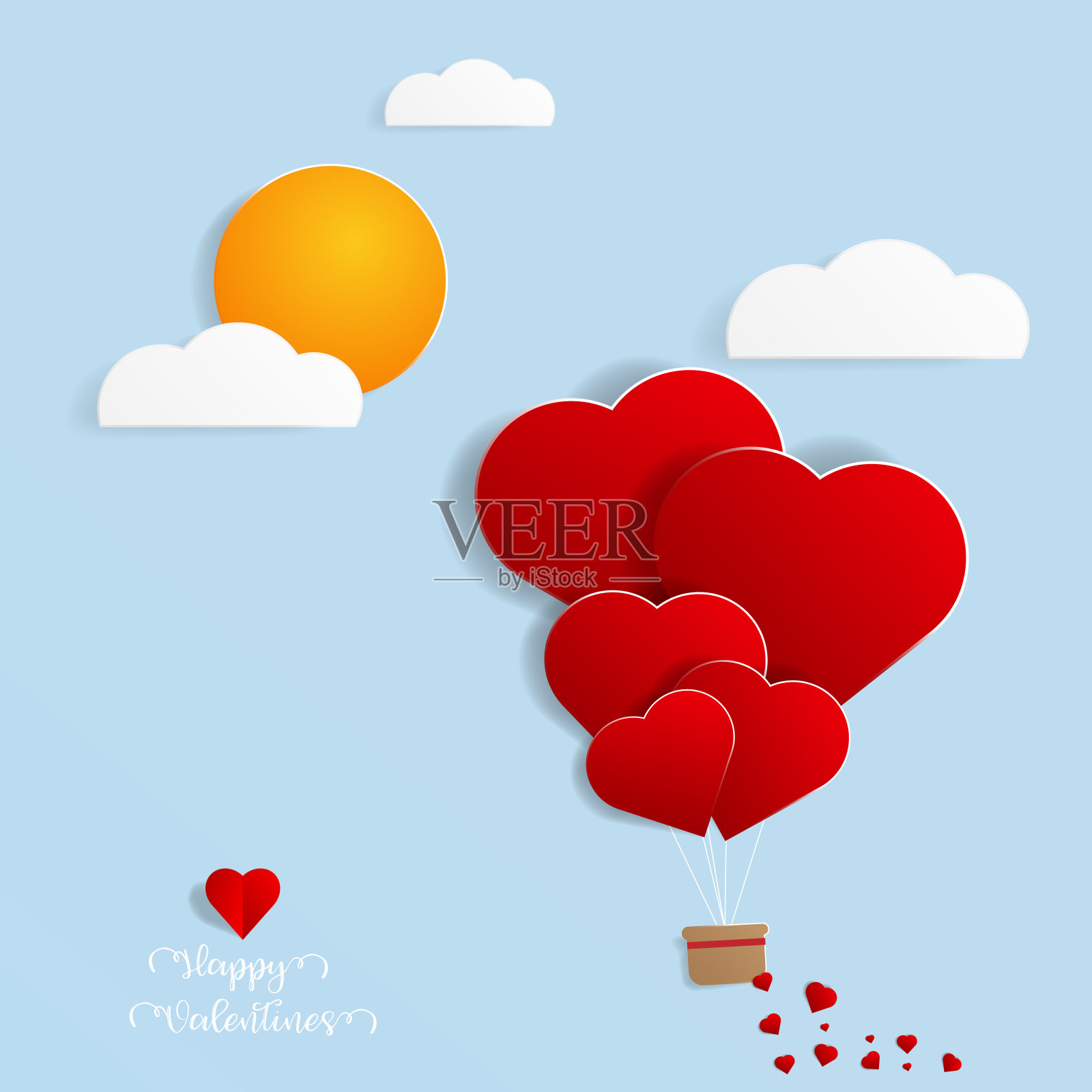 心形气球飞在天空剪纸风格插画图片素材
