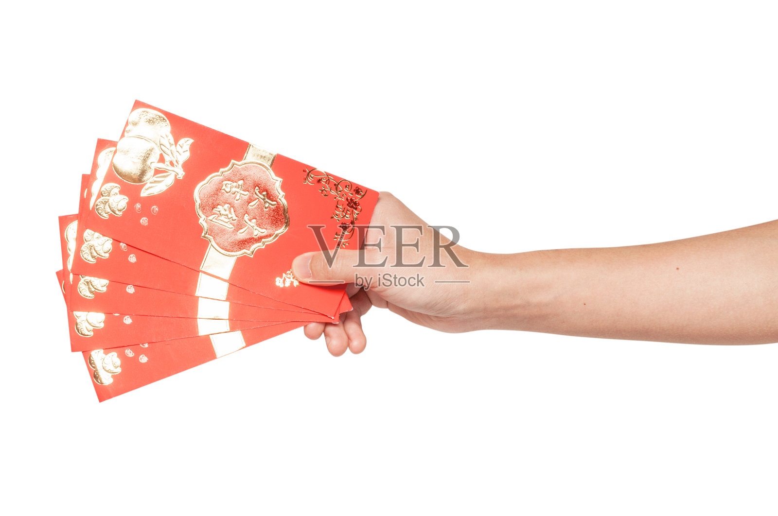 叠红包(或红包)，中国新年和农历新年的概念。中文的意思是“好运”照片摄影图片