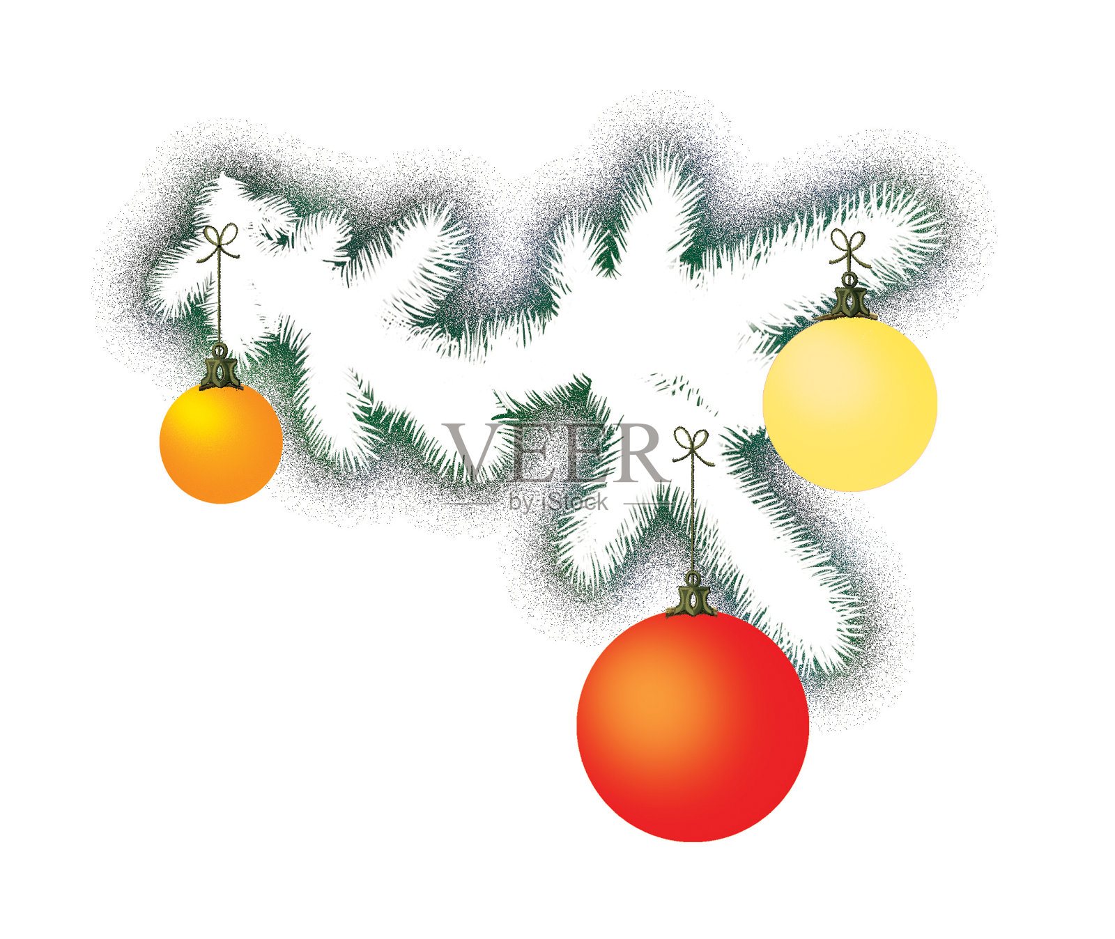 新年树上的白色树枝上有三个不同颜色的玻璃球插画图片素材